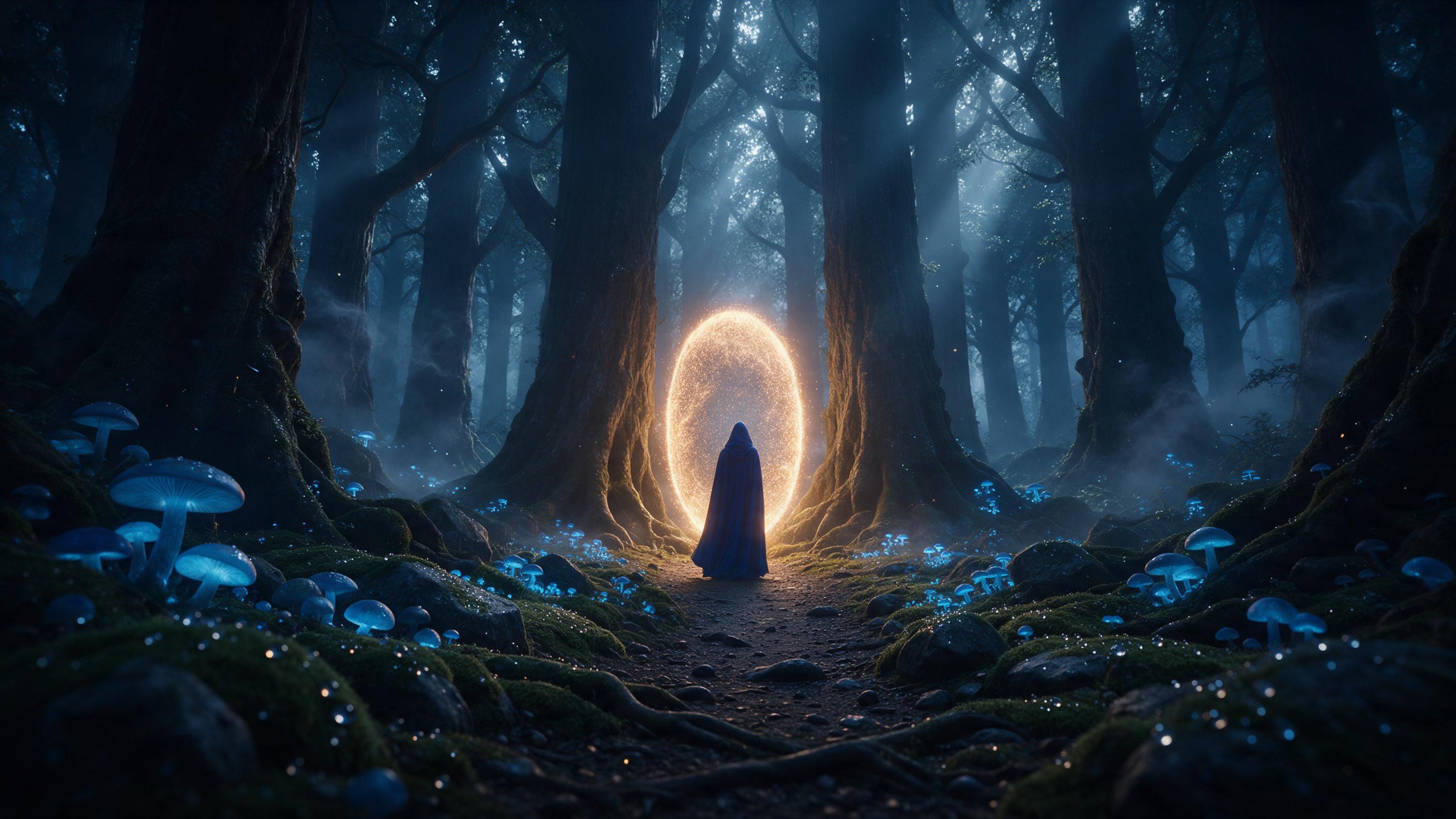 A mystical forest at twilight, towering ancient trees with glowing blue fungi illuminating the path, ethereal mist weaving between trunks, a lone figure in a flowing cloak standing before a shimmering portal of light, soft moonbeams piercing the canopy, water droplets glistening on moss, cinematic c