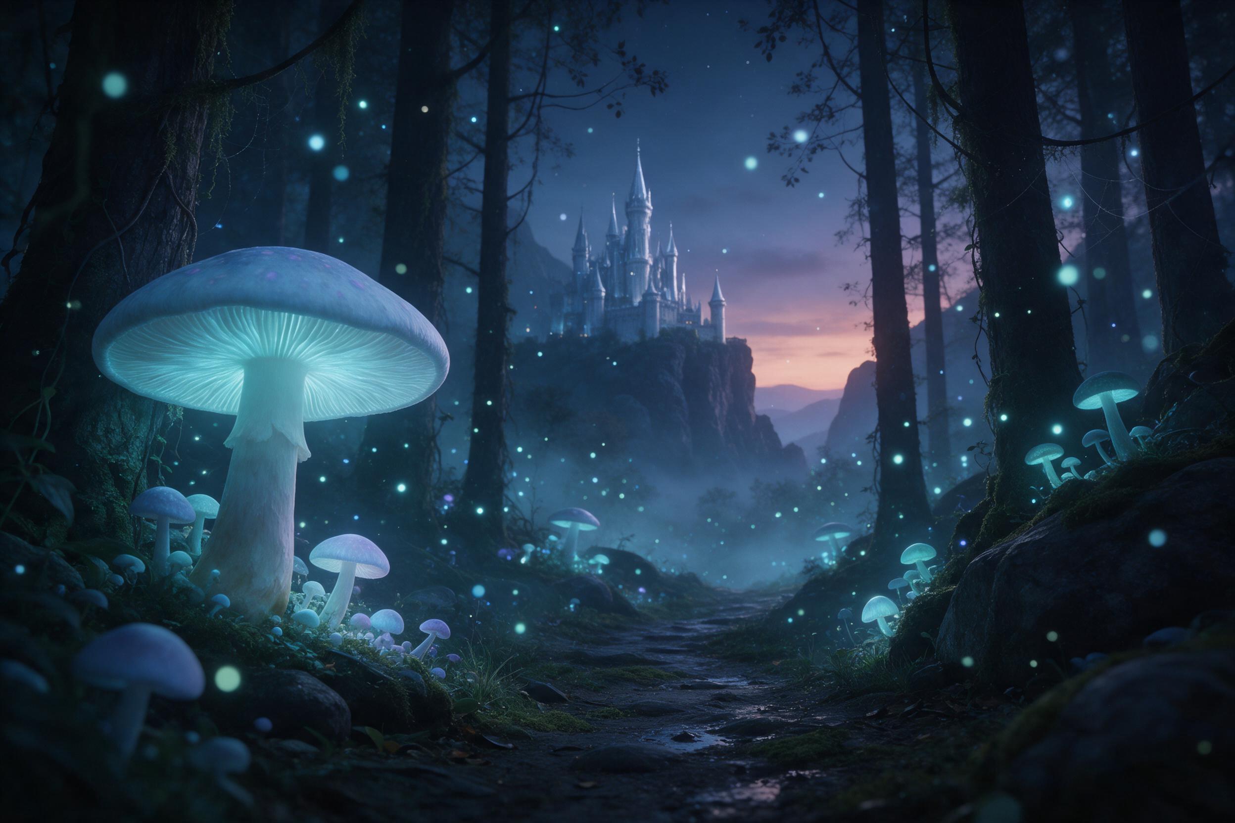 A bioluminescent forest at twilight, where giant glowing mushrooms cast soft teal light on a winding mossy path, fireflies drifting like living stars, a distant silver castle on a cliff, misty air, cinematic composition with layered silhouettes, subtle blue and purple palette, dreamy atmosphere.