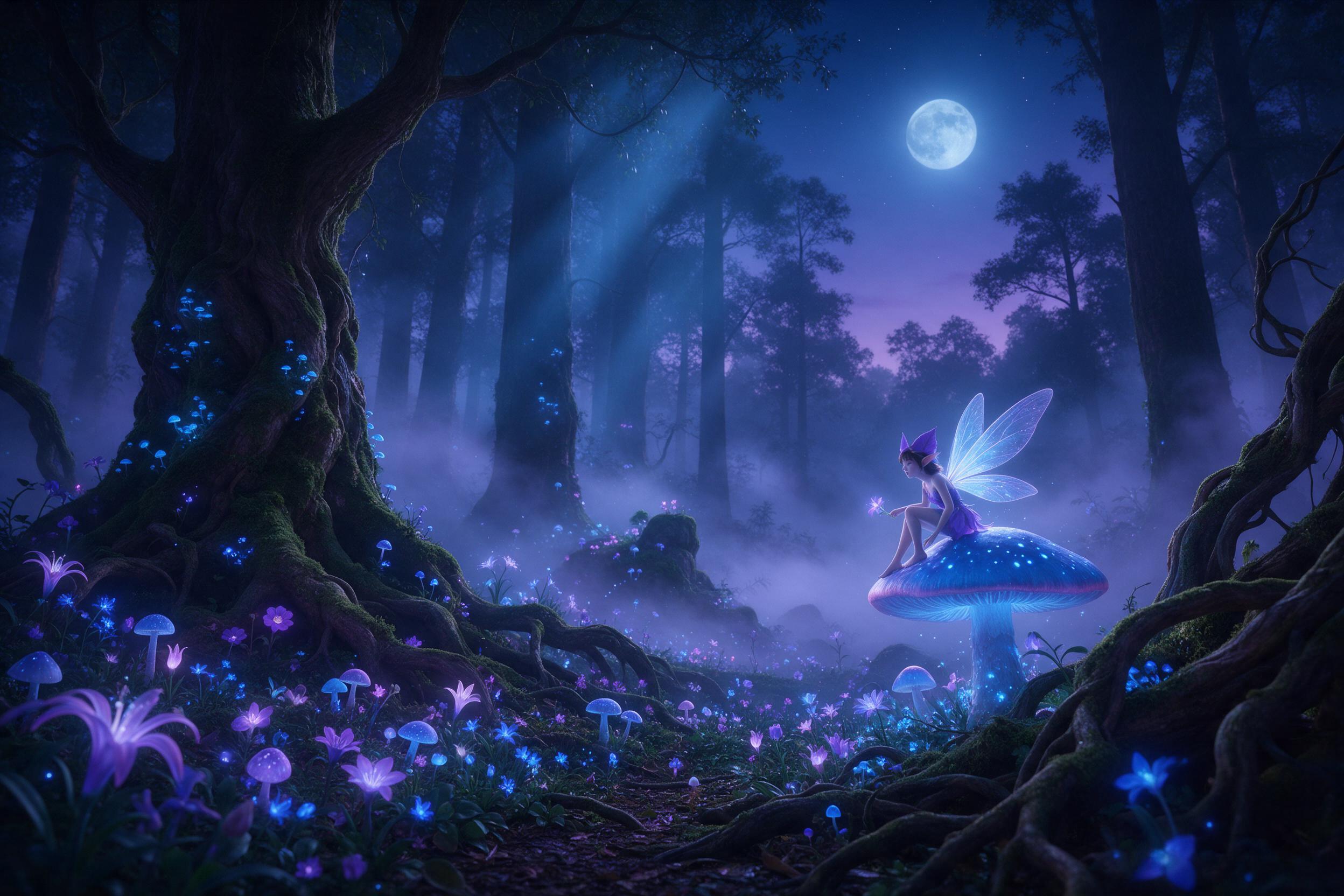 Enchanted forest at twilight, bioluminescent flowers glowing purple and blue, ancient mossy trees with twisted roots, a small glowing fairy with translucent wings perched on a mushroom, soft mist weaving through branches, ethereal rays of moonlight filtering through canopy, cinematic wide shot, dept
