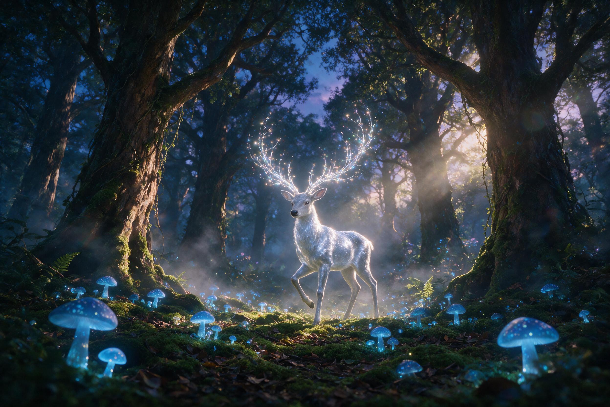 A luminous forest at twilight, glowing blue mushrooms scattered across mossy ground, a silver deer with antlers of light stands among ancient towering trees, soft mist swirls, dappled sunlight through canopy, ethereal atmosphere, shallow depth of field, gentle lens flare