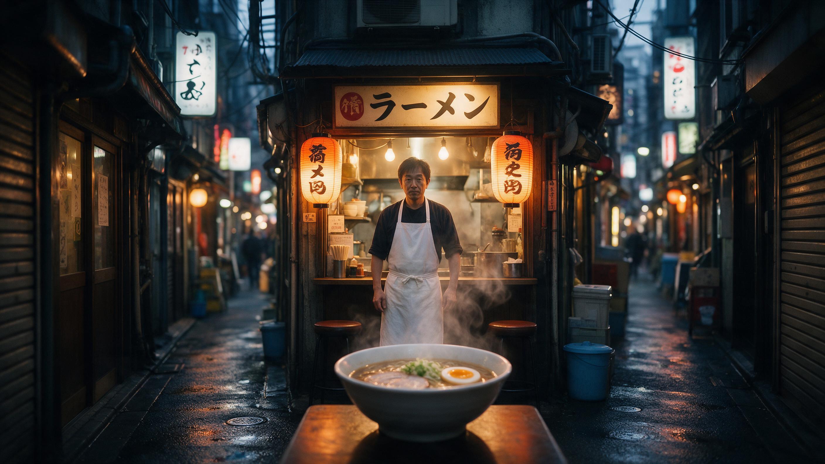 A bustling narrow alley in Tokyo at dusk, warm lantern light spilling over a tiny ramen shop, steam rising from a bowl, wet pavement reflecting neon signs, a lone chef in a crisp white apron, soft-focus background, shallow depth of field, cinematic composition with leading lines