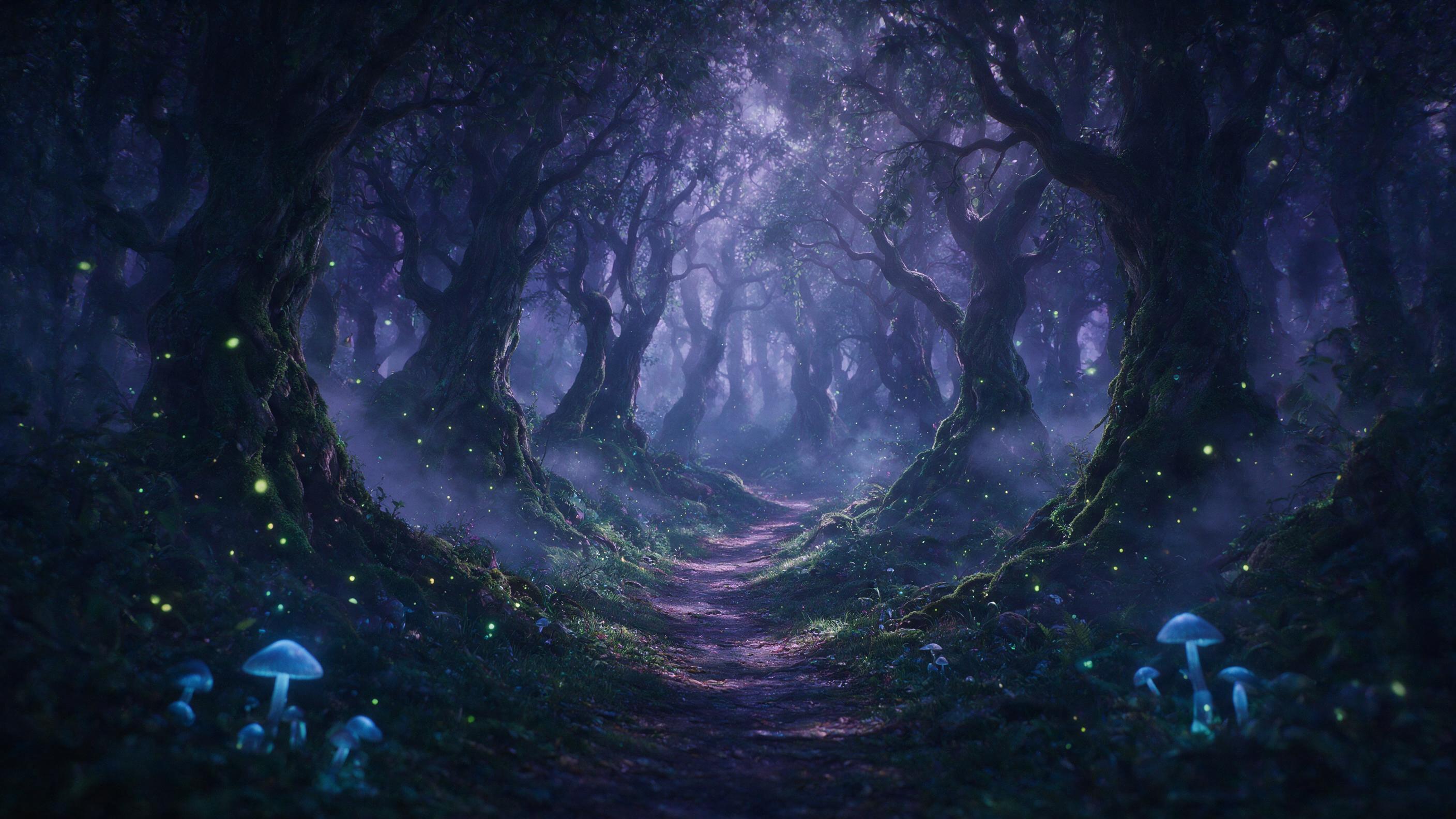 A mystical forest at twilight, glowing blue mushrooms and floating fireflies, ancient gnarled trees with moss, soft mist weaving through the trunks, gentle rays of moonlight filtering through the canopy, cool color palette with deep purples and teals, cinematic composition with a winding path leadin