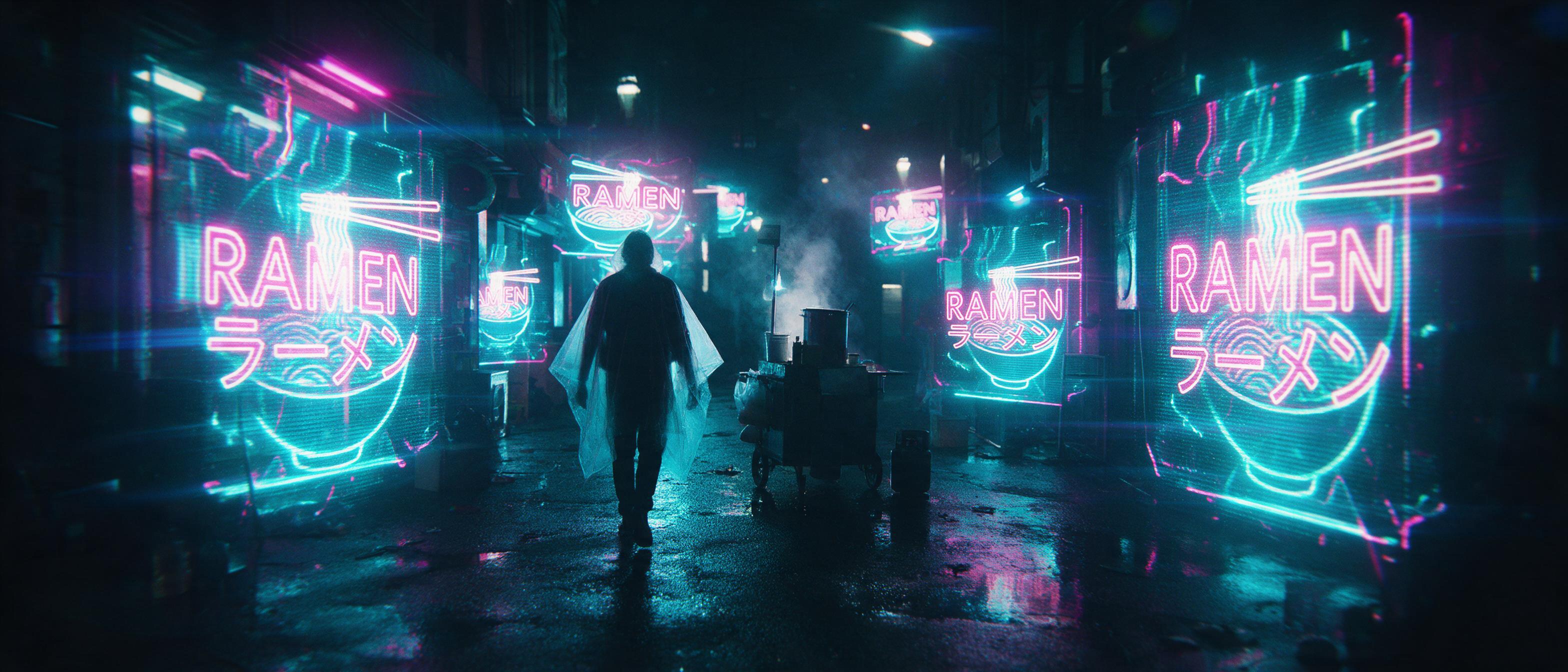 A rain-slicked neon alley in Neo-Tokyo, holographic ramen shop signs flickering cyan and magenta, steam rising from a street vendor cart, a lone silhouette in a translucent poncho walking away, reflections smearing across wet asphalt, cinematic wide shot with slight lens flare.
