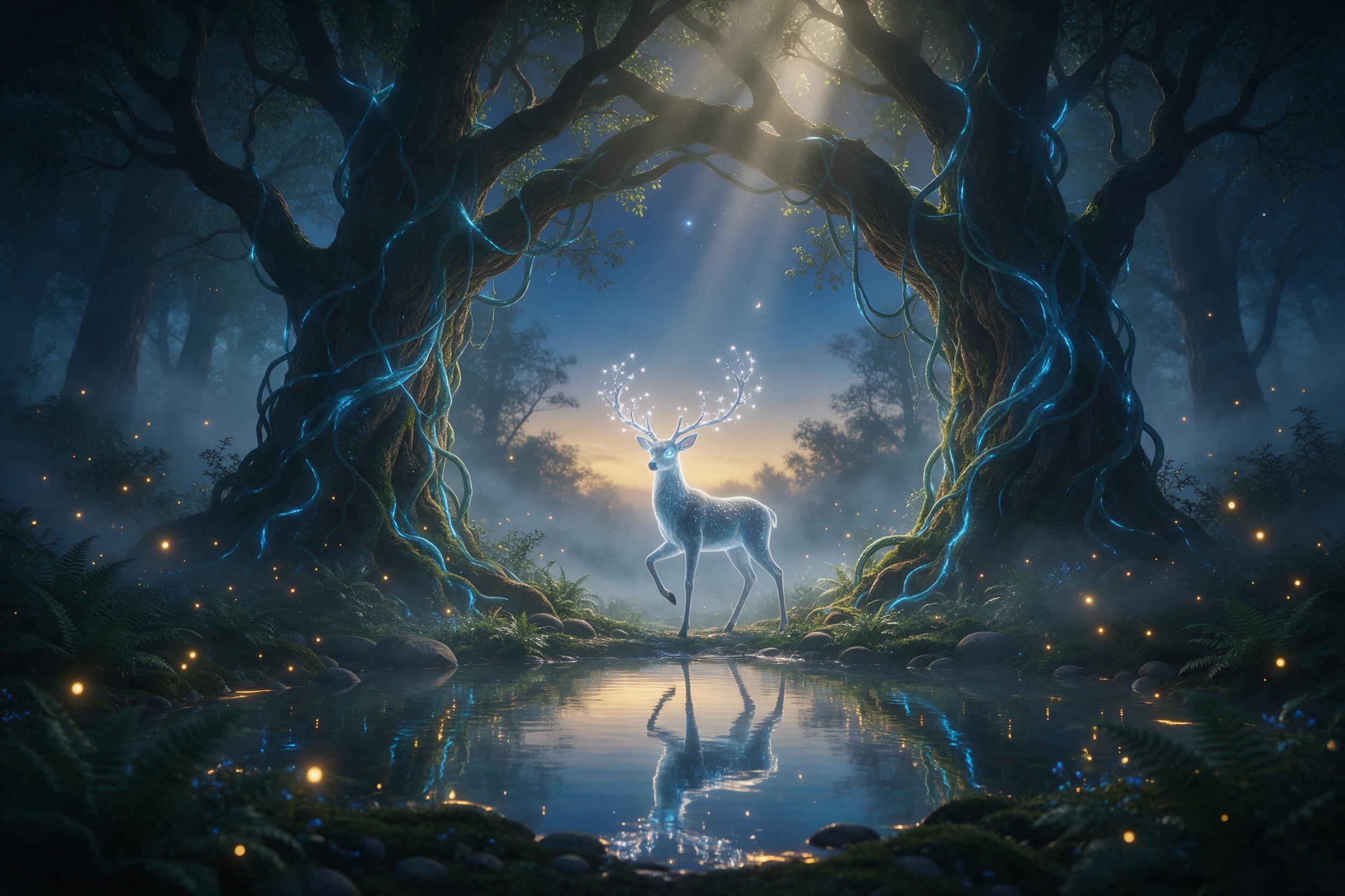 A misty enchanted forest at twilight, where ancient trees with glowing blue vines form a natural archway. Soft fireflies drift between ferns, reflecting in a mirror-like pond. A translucent, horned spirit deer steps forward, antlers shimmering with starlight. Volumetric fog catches golden rays from 
