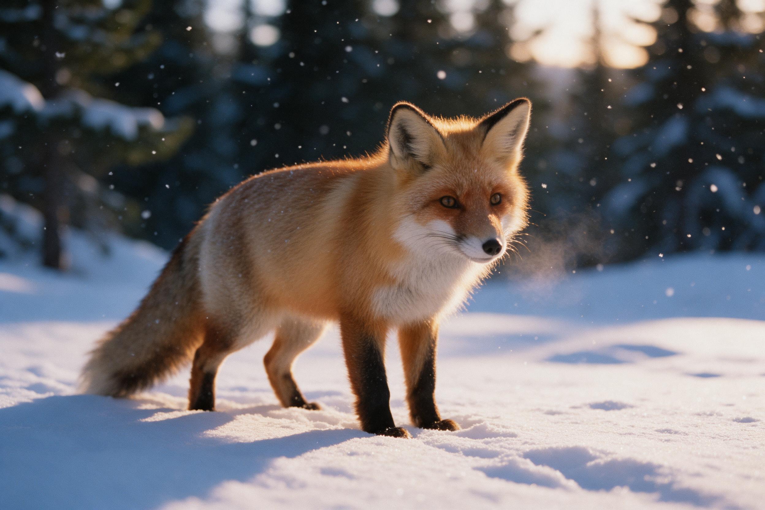A wild red fox standing in a snowy pine forest at dusk, fur catching warm golden light from the low sun, snowflakes drifting, soft blue shadows on the snow, shallow depth of field with a blurred background of dark green trees, natural grain, slight breath mist visible, compositional focus on the fox