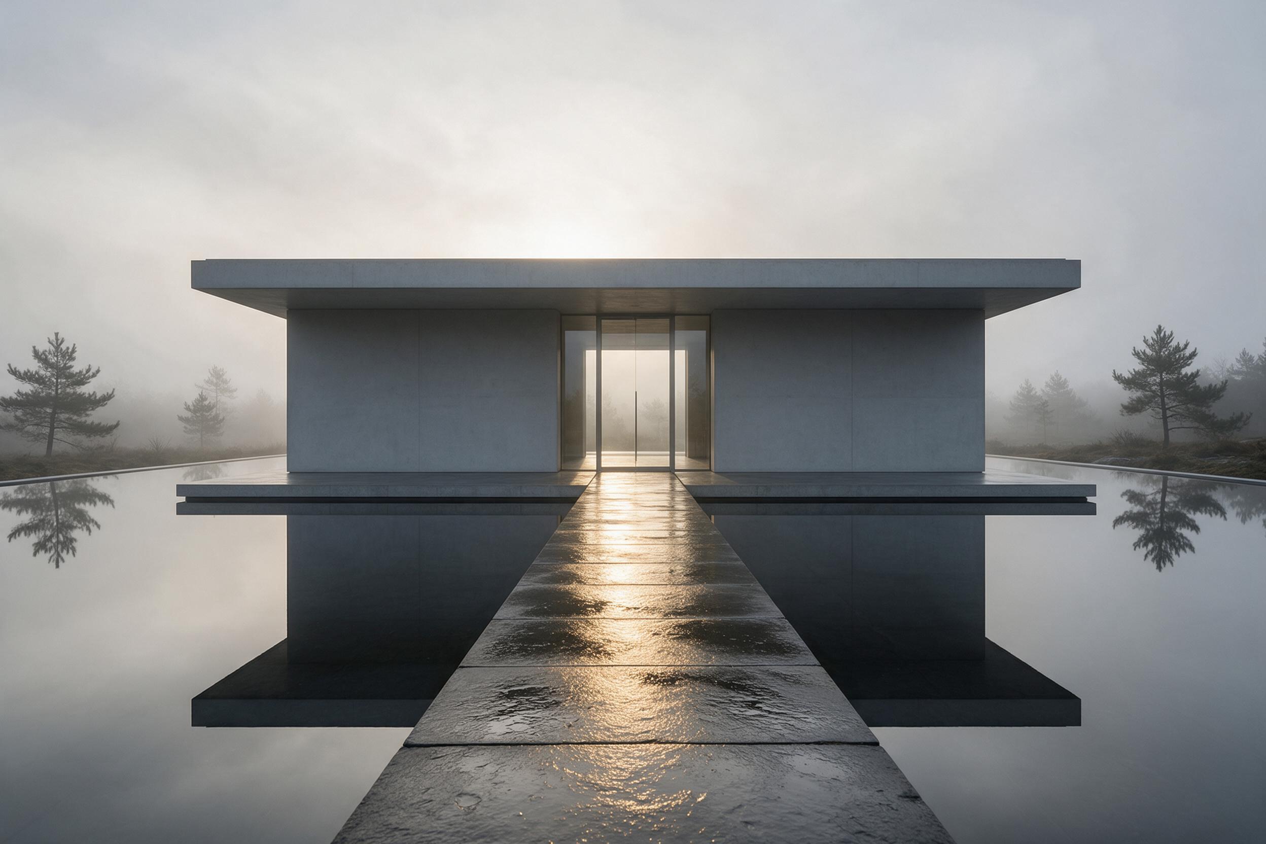 A minimalist concrete pavilion floating on a mirror-like reflecting pool, surrounded by dense fog and sparse pine trees. Golden morning light rakes across the wet stone path leading to the entrance. Composition: symmetrical, centered, low angle emphasizing the structure's mass against a soft gray sk
