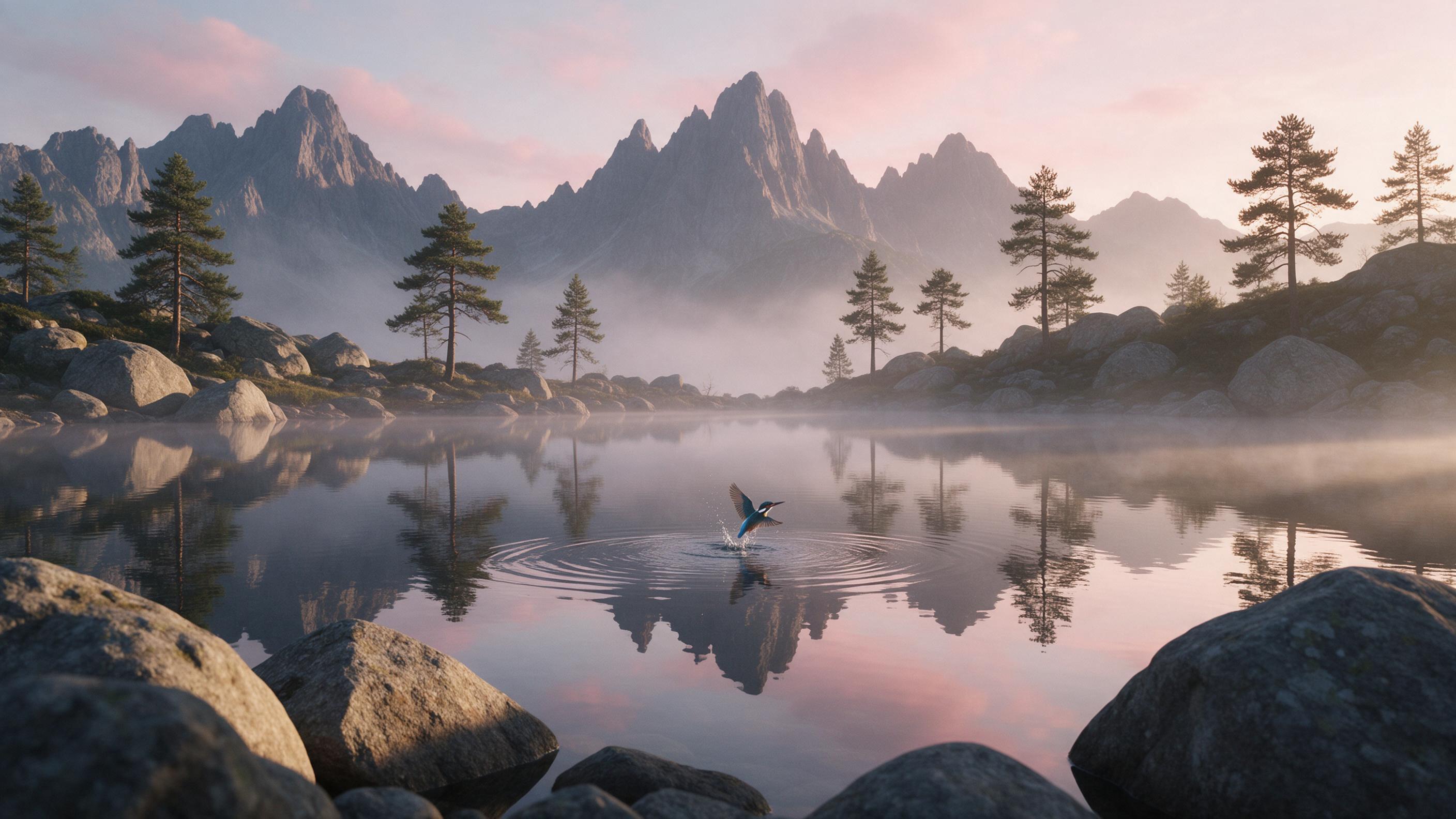 A misty alpine lake at dawn, mirror-like surface reflecting jagged peaks and soft pink sky, scattered pine trees on rocky shore, gentle ripples from a diving kingfisher, low sun casting long shadows, tranquil atmosphere, wide-angle composition with foreground boulders