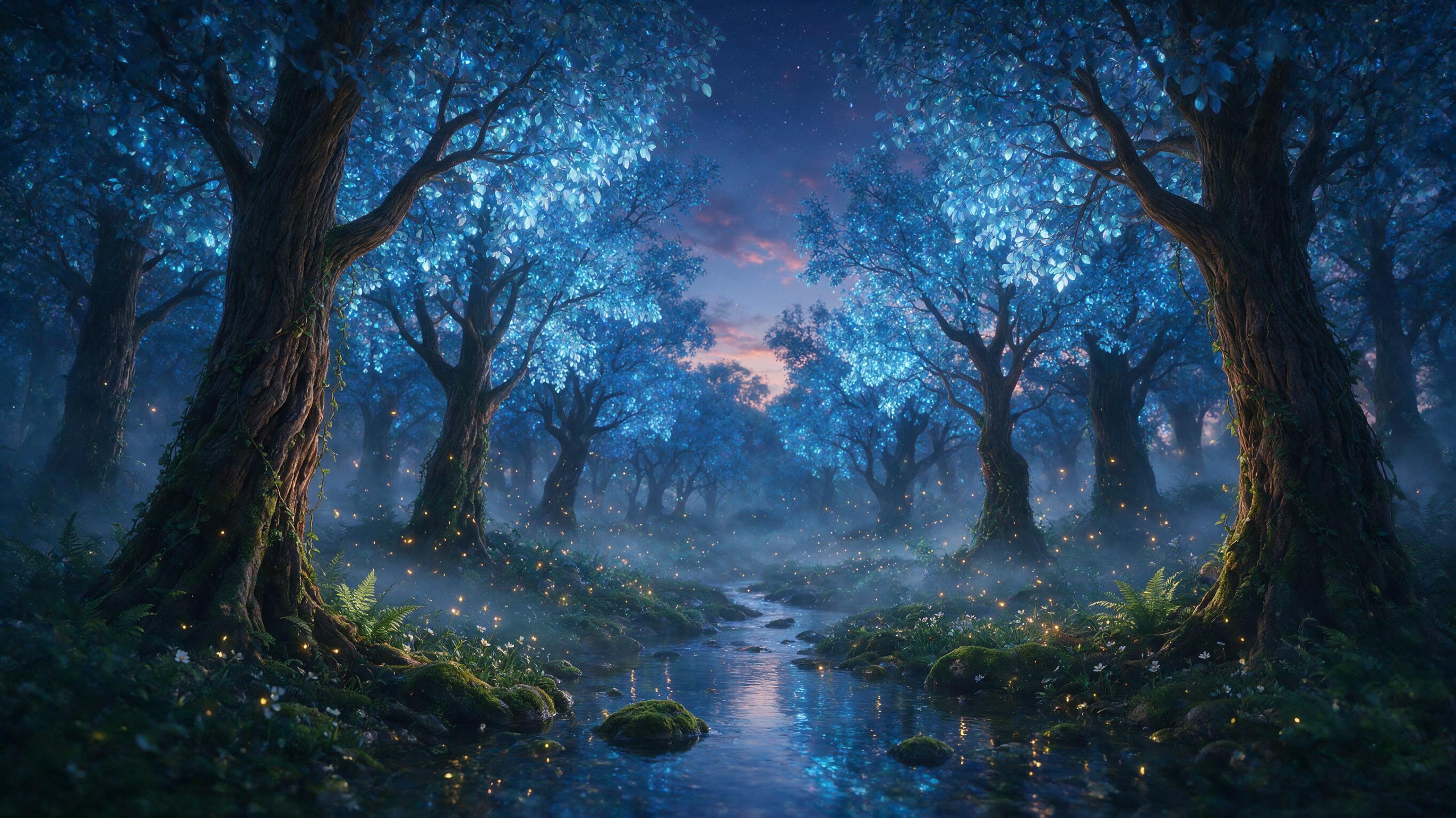 A glowing, ethereal forest at twilight where ancient trees have bioluminescent blue leaves, a small stream reflects the shimmering light, soft mist curls around mossy stones, fireflies dance in the air, dreamy atmosphere with deep shadows and warm amber highlights