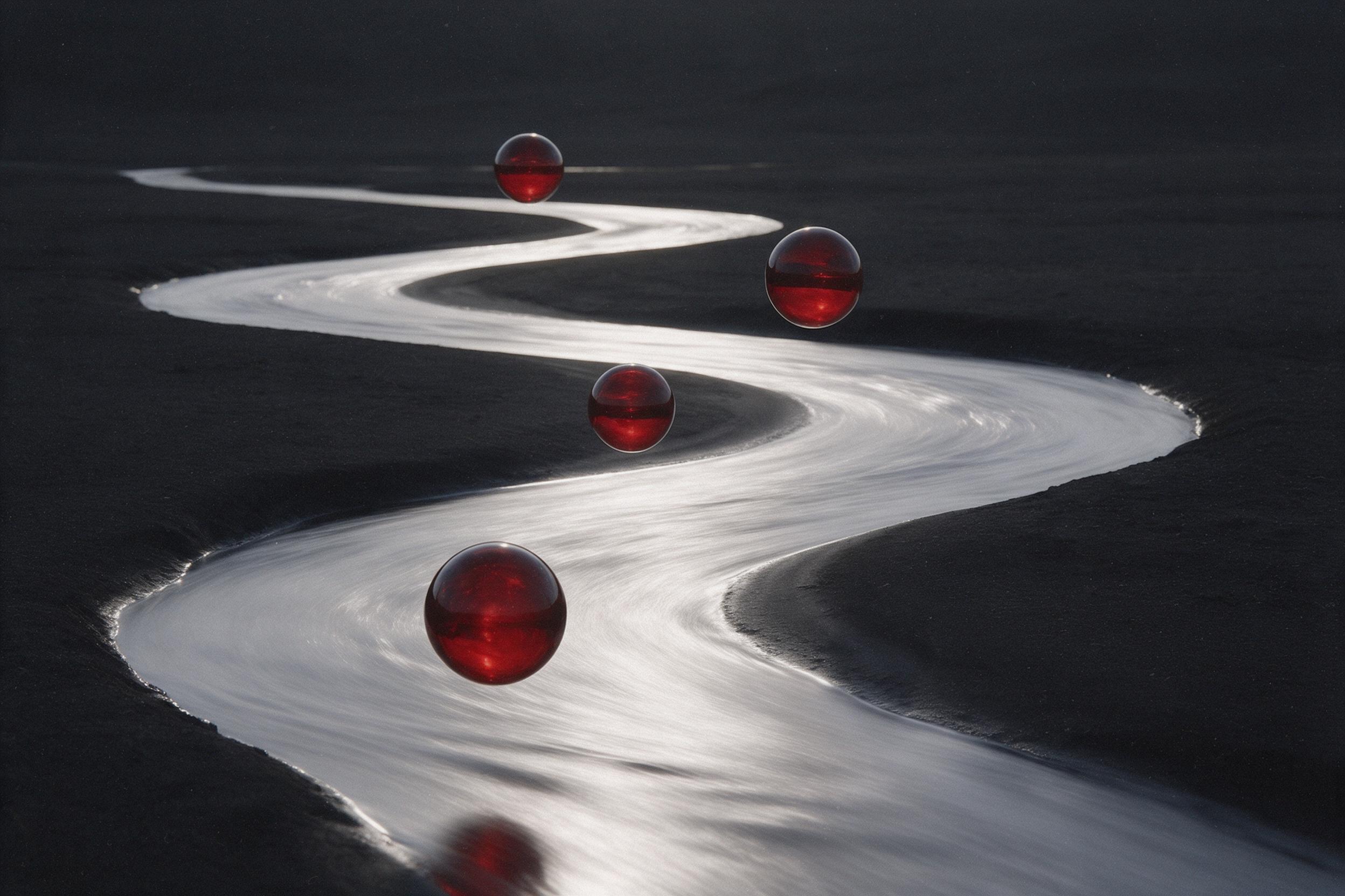 A minimalist river of molten silver winding through a dark matte field, broken by three floating crimson glass spheres, soft diffused light with gentle shadow gradients, subtle film grain, long exposure feel
