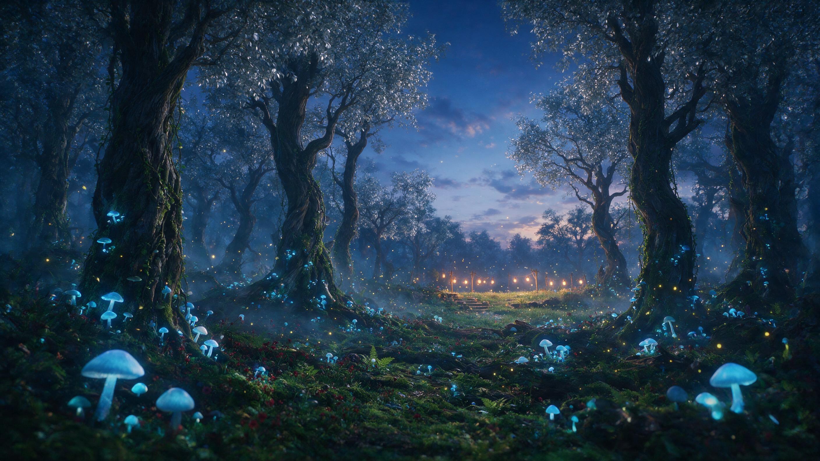 Ethereal forest at twilight, glowing mushrooms casting soft blue light on mossy ground, ancient twisted trees with silver leaves, a faint mist swirling between trunks, fireflies dancing in the air, cinematic composition, shallow depth of field, warm amber light from distant lanterns, dreamy atmosphe