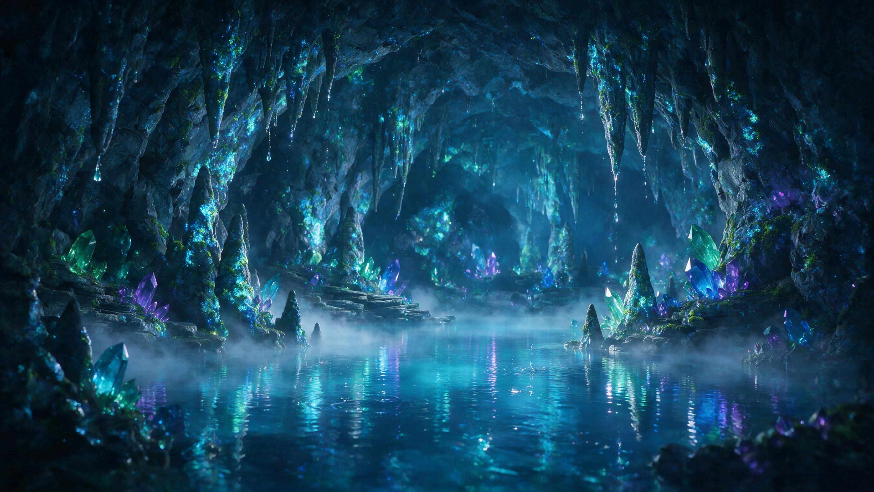A glowing crystal cavern deep underground, bioluminescent moss clinging to jagged rock walls, a shimmering underground lake reflecting turquoise light, delicate stalactites dripping with luminescent water, mist swirling low over the water surface, ethereal atmosphere, soft blue and violet tones, wid