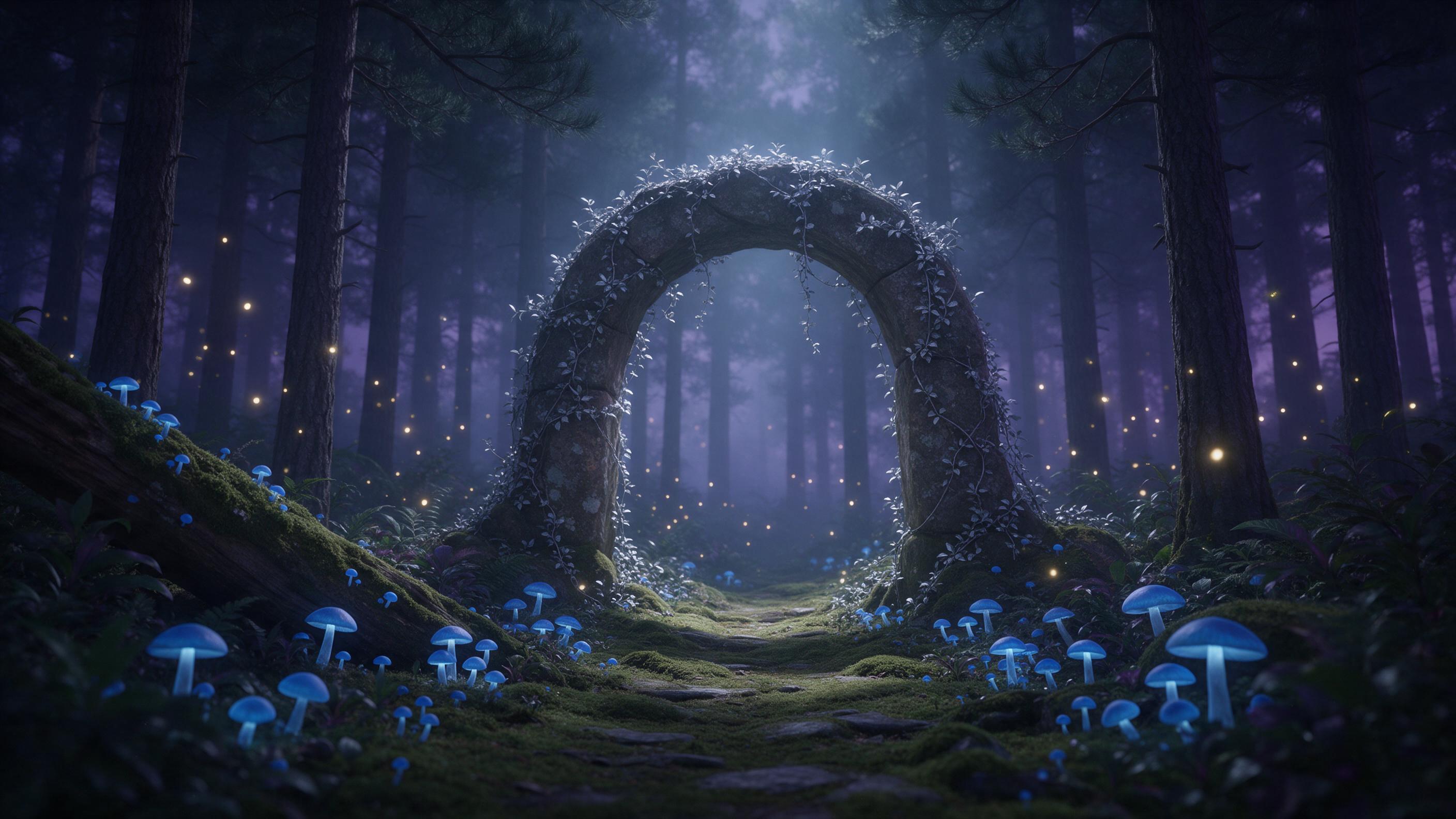 A misty enchanted forest at dusk, glowing blue mushrooms lining a winding mossy path, fireflies drifting like tiny lanterns, an ancient stone archway entwined with silver vines, soft volumetric light filtering through towering pines, ethereal atmosphere, muted greens and deep purples, cinematic comp
