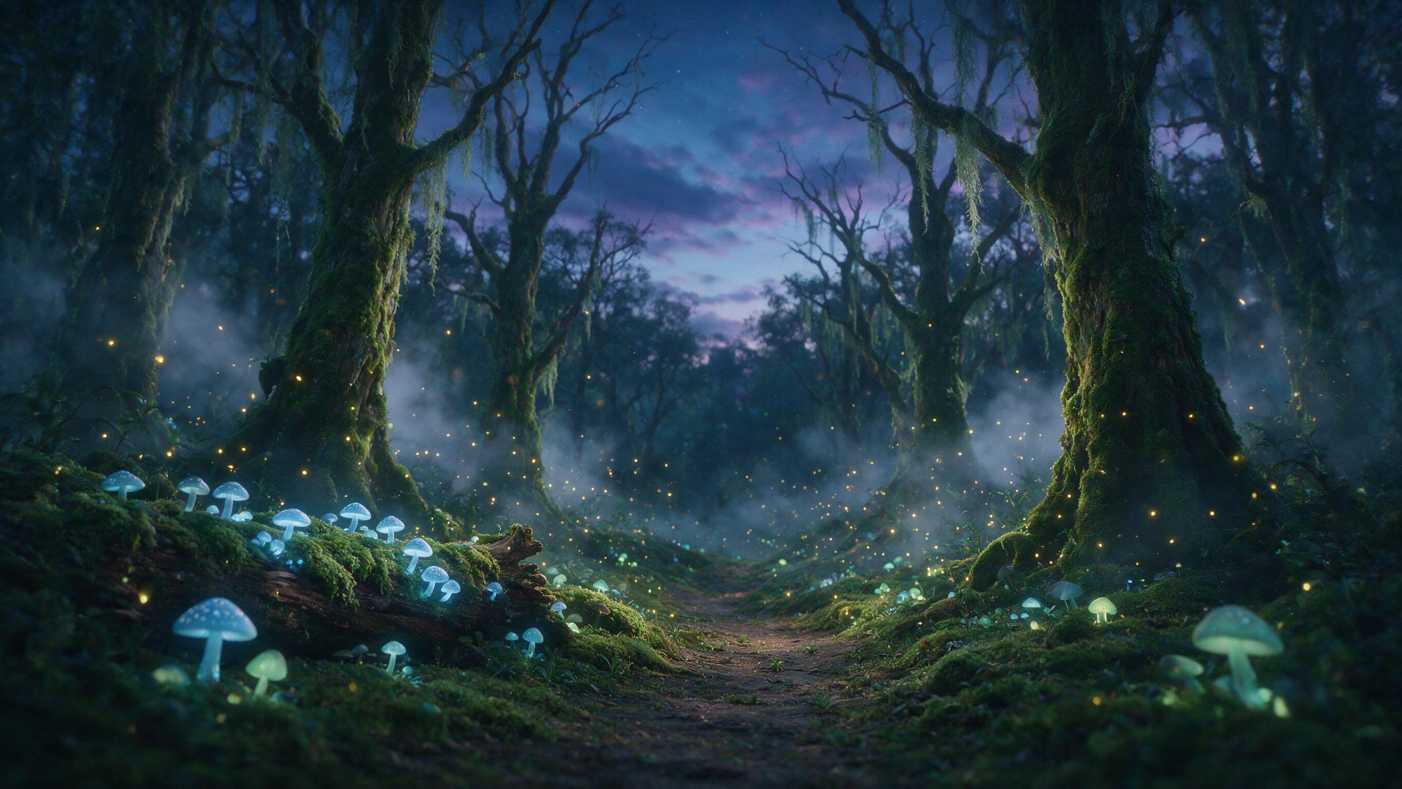 A luminous forest at twilight, glowing mushrooms and floating fireflies illuminate a mossy path, soft mist weaves through ancient gnarled trees, subtle purple and blue hues in the sky, cinematic composition with shallow depth of field, natural ambient light, slight grain, no artificial elements or u