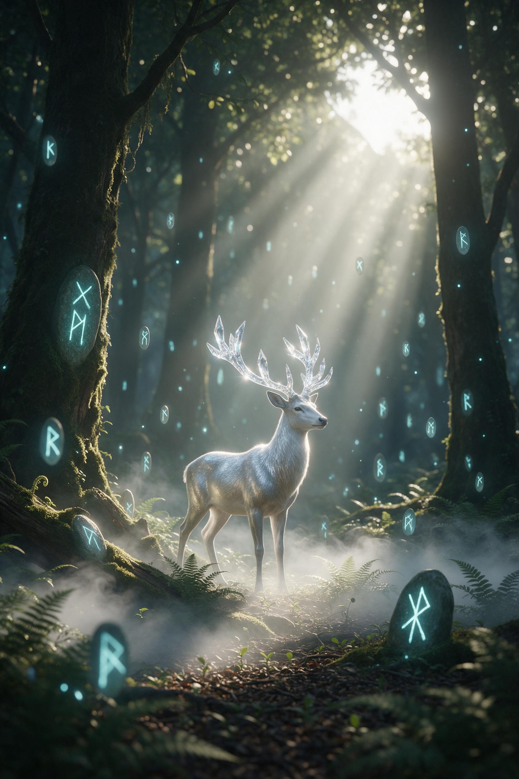 A sunlit forest glade where ancient, glowing runes float like fireflies between mossy tree trunks, a silver stag with crystal antlers standing still, soft volumetric light rays piercing the canopy, shallow depth of field, ethereal atmosphere, subtle mist curling across the ferns