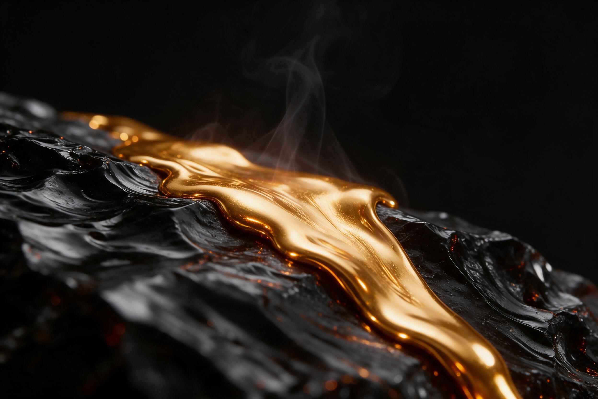 Molten golden liquid metal flows over dark rippled obsidian, thin smoke wisps rise, macro shot with shallow depth of field, warm side lighting glints off liquid curves, deep black background, subtle orange reflections, minimalist composition