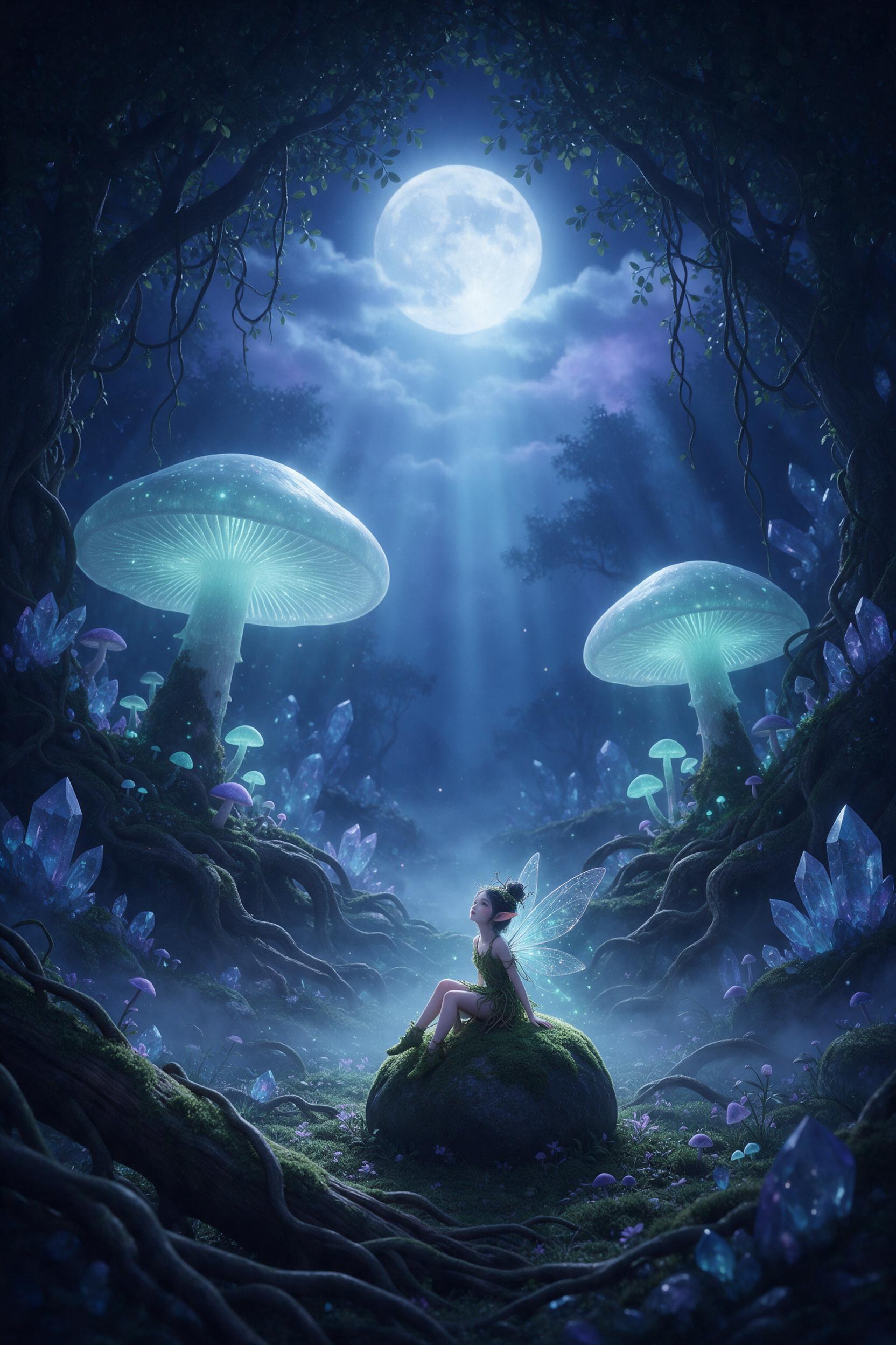 A moonlit crystal grove, giant translucent mushrooms emitting soft teal bioluminescence, a small fairy with insect wings resting on a mossy stone, mist weaving through ancient gnarled roots, deep blue and purple tones, moonbeams filtering through canopy, painted in ethereal digital art style, no har