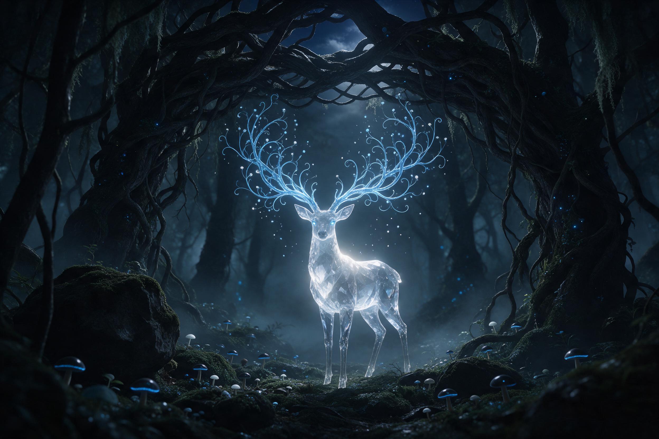 A glowing crystal deer stands in a misty, dark ancient forest, its antlers branching into luminescent blue vines with tiny floating spores. Soft moonlight filters through twisted tree roots overhead, casting dappled silver light on mossy ground. Ethereal, dreamlike atmosphere, with gentle fog swirli