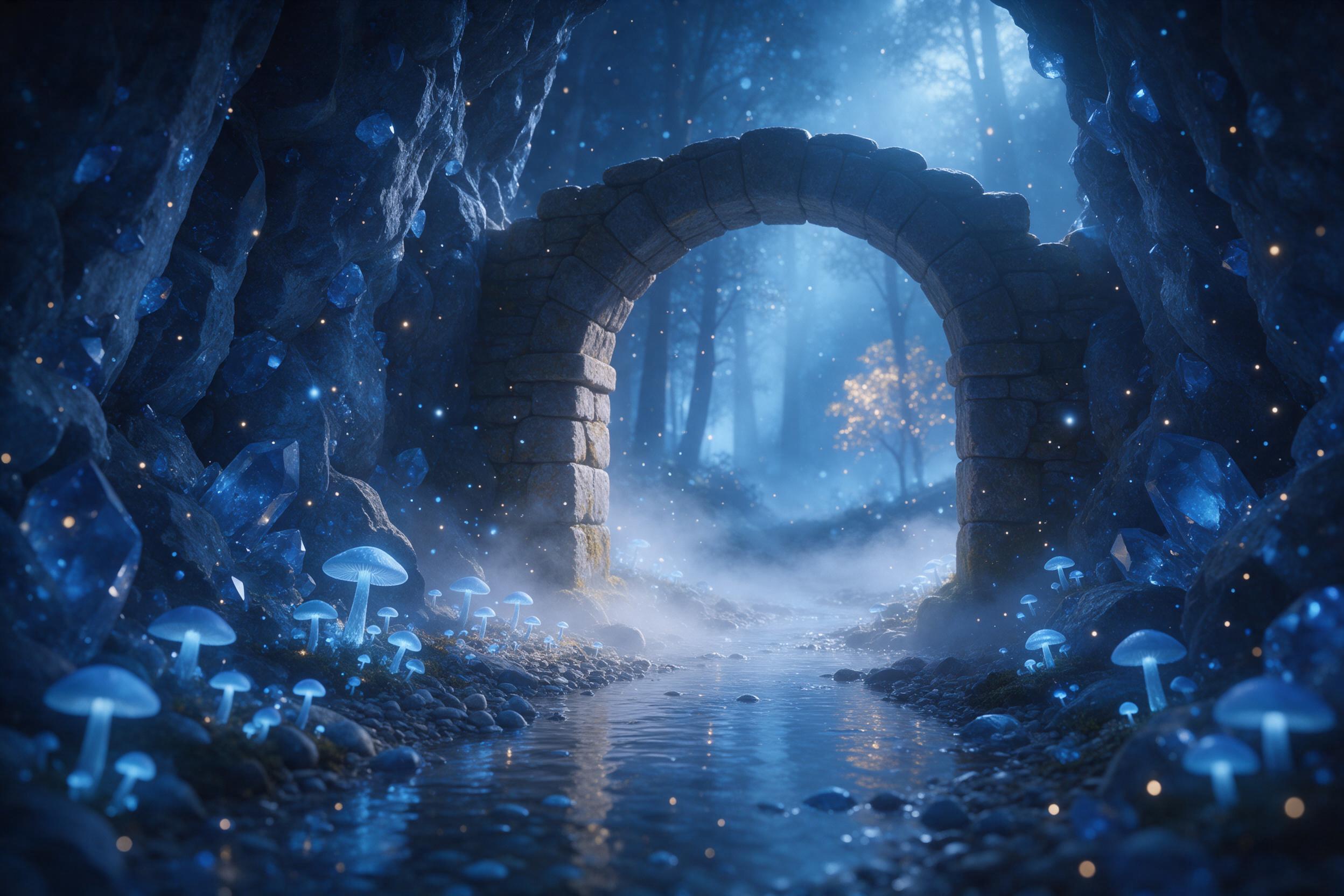 A moonlit crystal cavern where glowing blue mushrooms sprout along a winding stream. Mist rises from the water, catching the light of floating bio-luminescent spores. A stone archway frames the scene, beyond which an ethereal forest silhouette shimmers. Soft ambient glow, cool color palette with hin