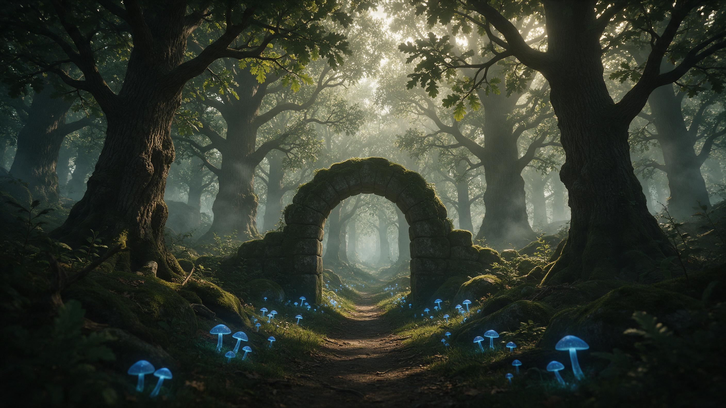 A moss-covered stone archway in an ancient forest, glowing blue mushrooms scattered along a narrow path, ethereal mist weaving through towering oak trees, soft golden light filtering from above, mysterious and serene atmosphere, viewer standing at the entrance, composition leading into the distance