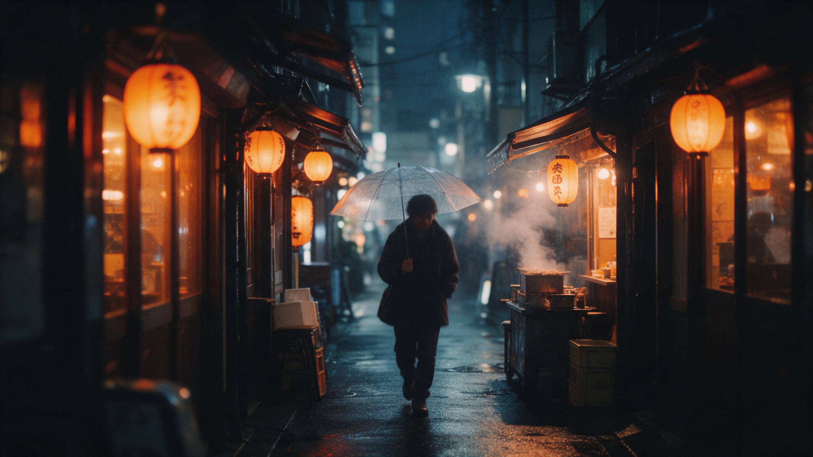 A quiet rainy evening on a narrow Tokyo street, glowing izakaya lanterns reflecting on wet pavement, steam rising from a food stall, a lone pedestrian with a transparent umbrella, warm orange light spilling from windows, cool blue tones in the shadows, shallow depth of field, slight grain and motion