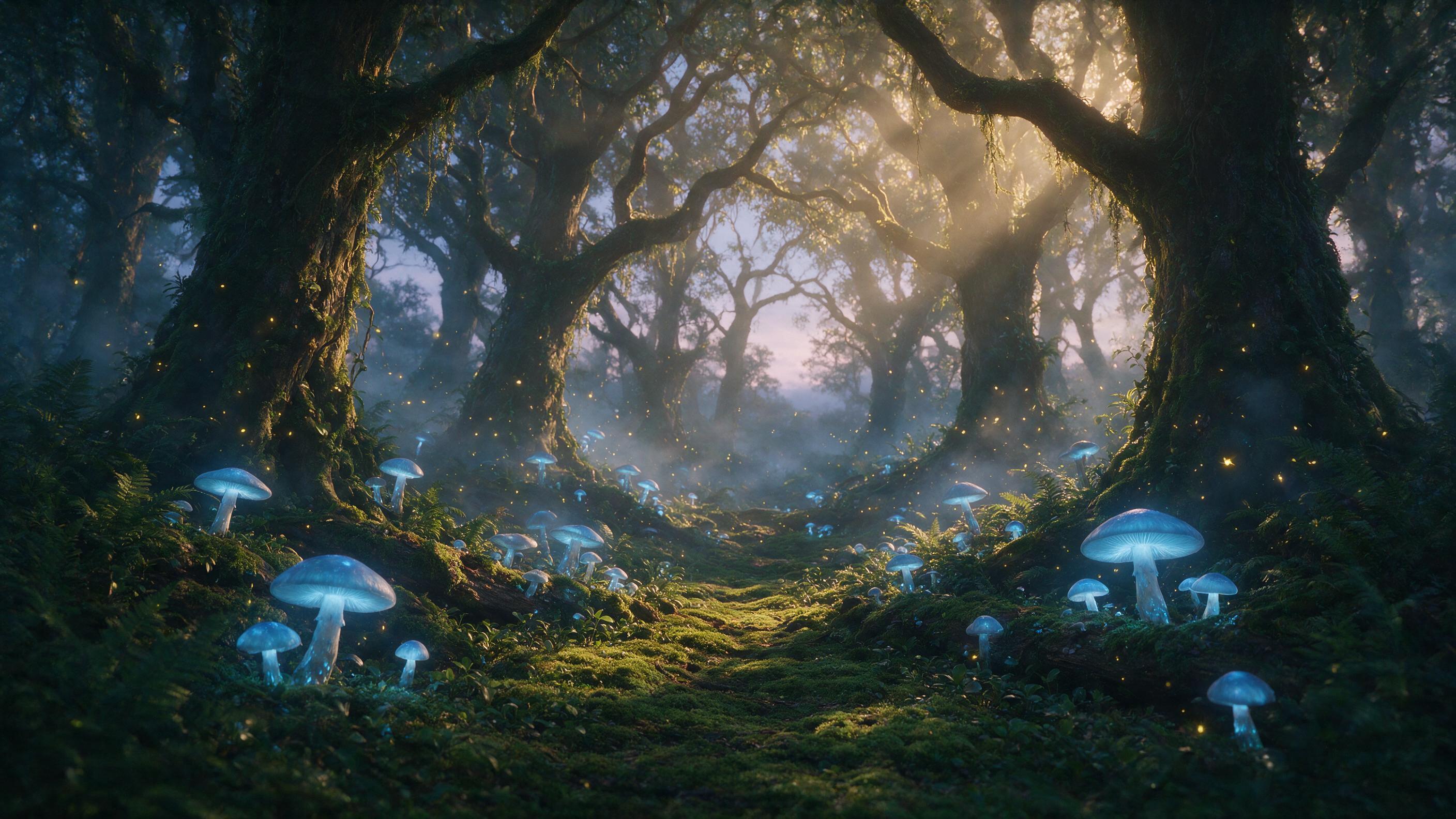 An ethereal forest at twilight, giant glowing mushrooms with soft bioluminescent blue light, a winding path covered in moss, fireflies floating in the air, misty atmosphere, cinematic composition, warm golden hour light filtering through ancient trees, dreamy and magical mood
