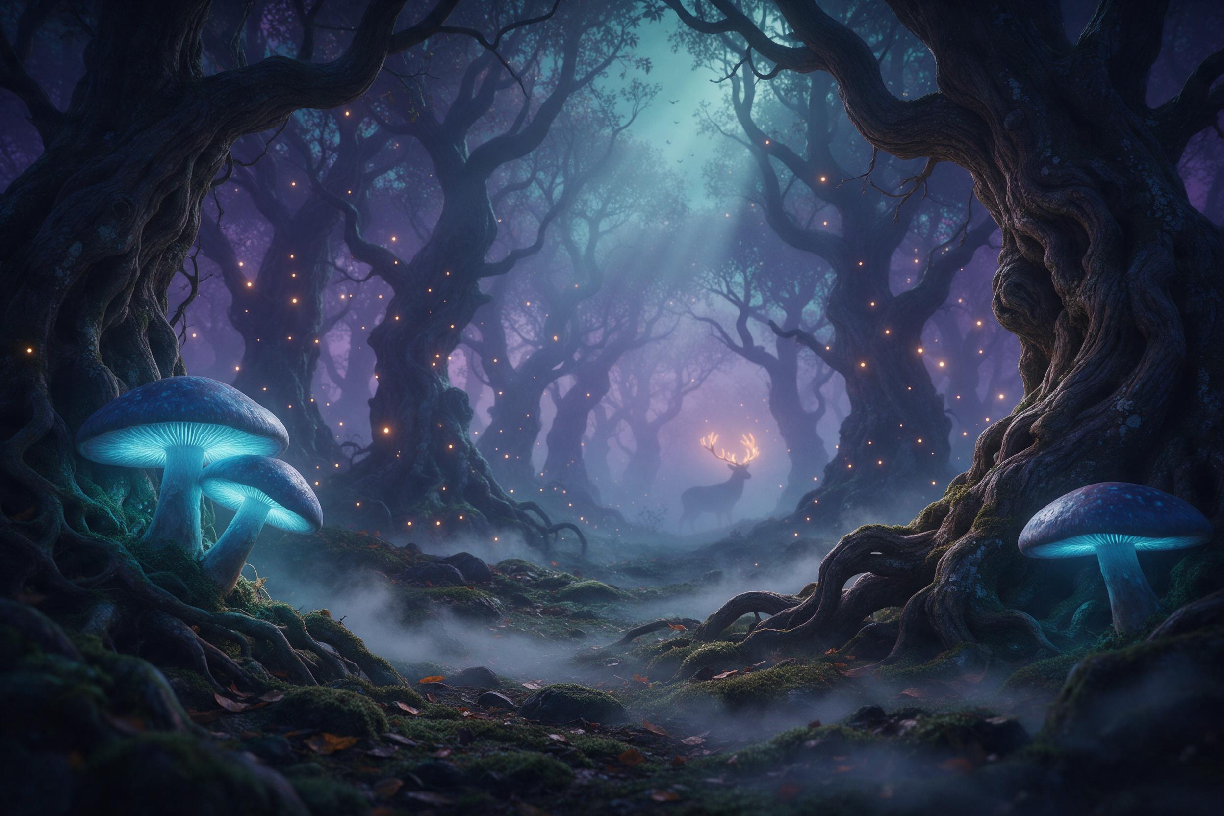 A misty ethereal forest at dawn, giant luminescent mushrooms with blue glow, tiny fairy lights floating among ancient gnarled trees, soft fog rolling over moss-covered ground, a faint silhouette of a deer with glowing antlers in the distance, cool teal and purple palette, volumetric light rays pierc