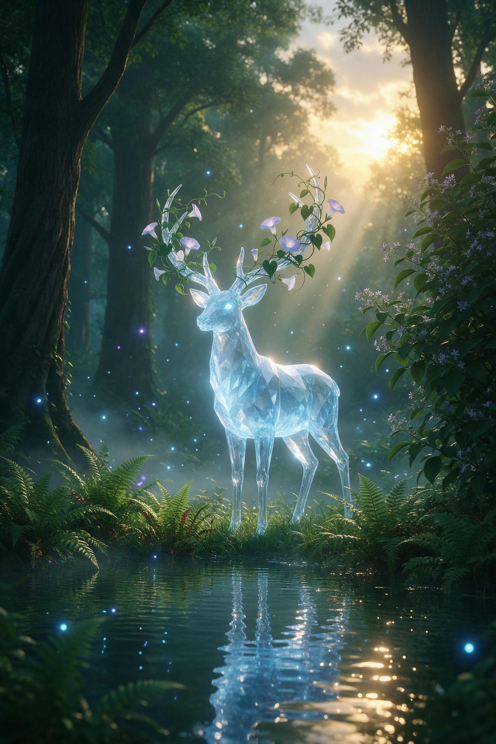In a misty emerald forest, a glowing crystal stag with antlers of blooming moonflowers stands beside a shimmering pond, its reflection rippling in twilight. Soft blue light from fireflies and the stag's ethereal glow illuminate the ferns, while rays of golden sunrise break through the canopy. Shot f