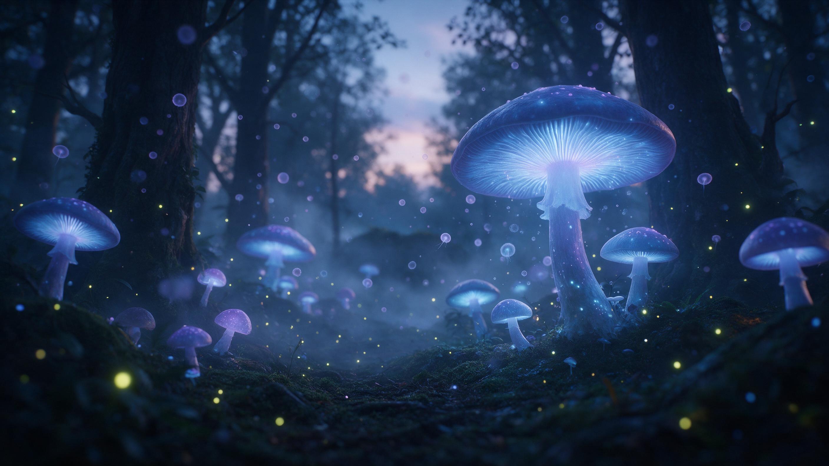 A bioluminescent forest at twilight, giant glowing mushrooms and floating spores, mist winding between ancient trees, soft blue and purple light, fireflies, damp moss, shallow depth of field, cinematic composition, ethereal atmosphere.