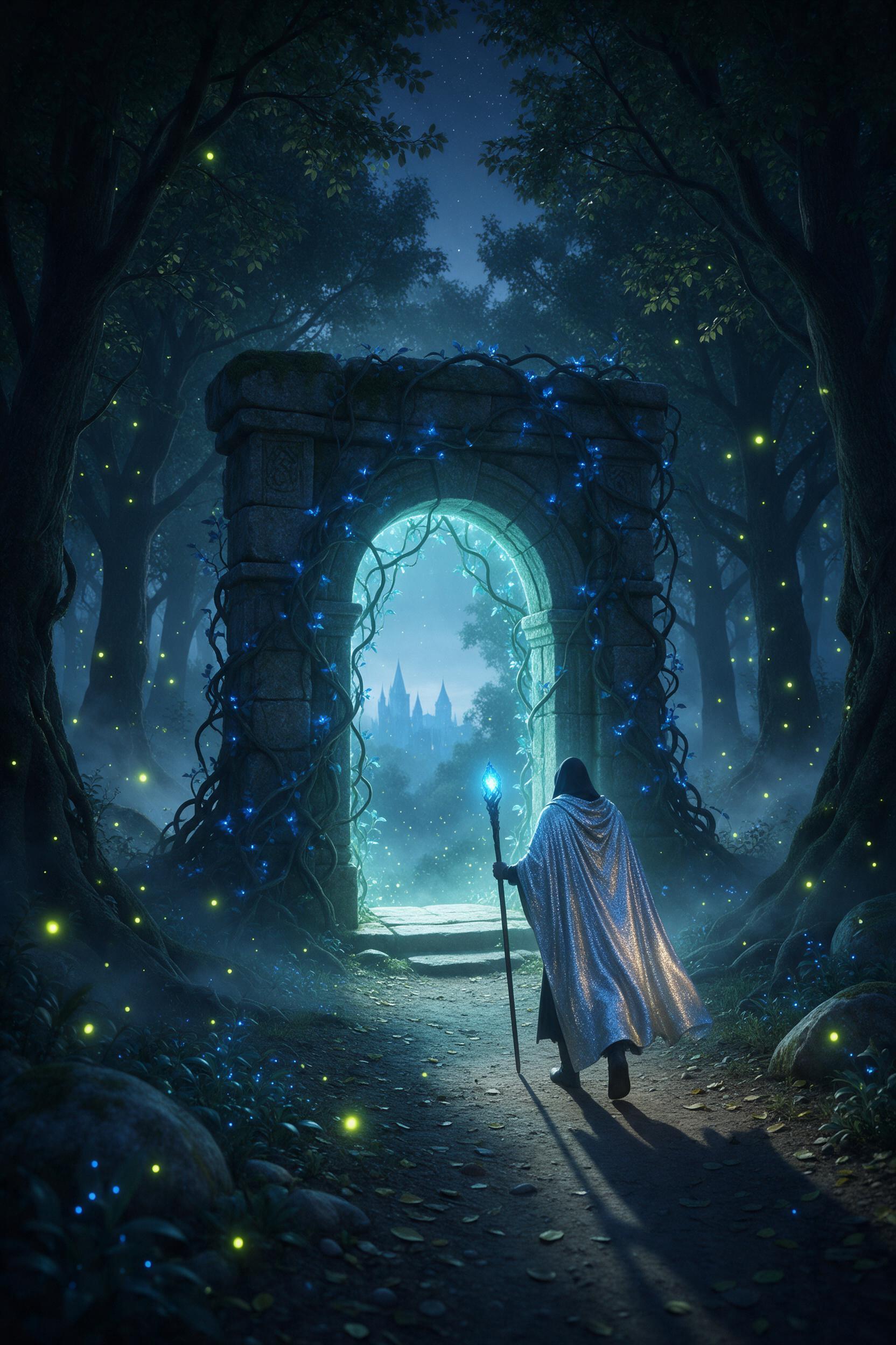 An ancient stone archway wreathed in glowing blue vines stands alone in a misty twilight forest; fireflies cluster like drifting lanterns; a lone hooded figure in a flowing silver cloak walks toward the arch, staff tipped with a pulsing crystal; pale teal light spills from the opening, casting long 