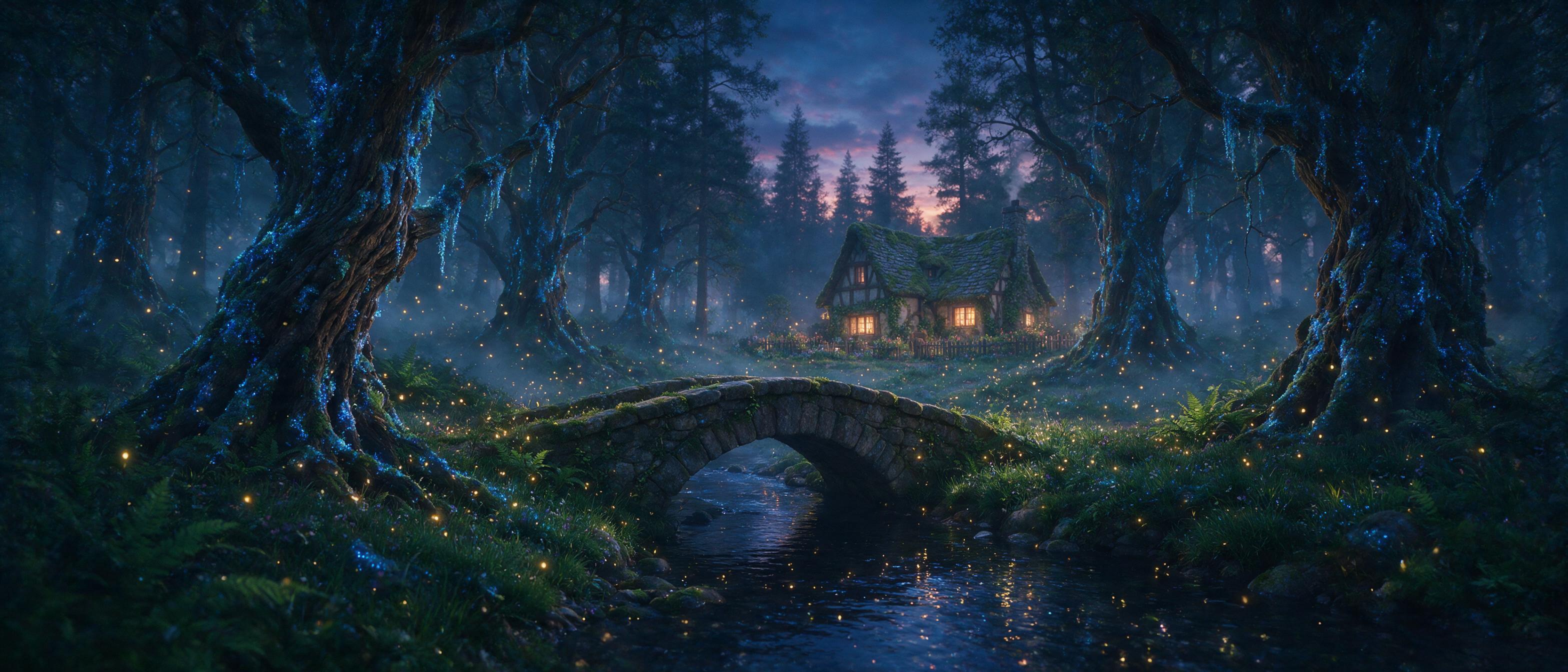 Misty forest at twilight, ancient gnarled trees draped in glowing blue moss, a small stone bridge crossing a dark stream, soft fireflies floating in the air, warm candlelight from a distant cottage window, ethereal atmosphere, shallow depth of field, cinematic composition.
