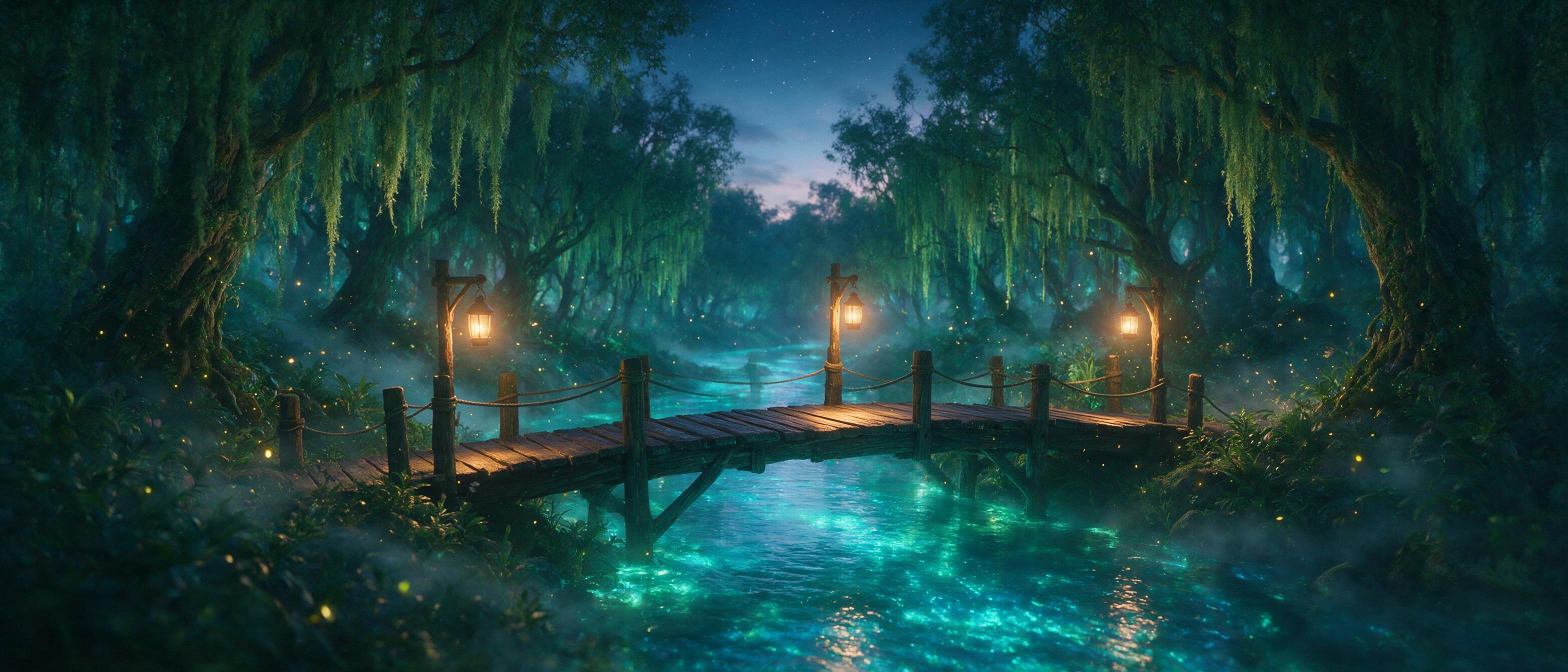 A wooden bridge over a glowing bioluminescent river in an enchanted forest at twilight. Fireflies, hanging moss, fog. An old lantern posts with warm light. Dreamy, magical, lush green and cyan color palette. Soft focus, cinematic composition.