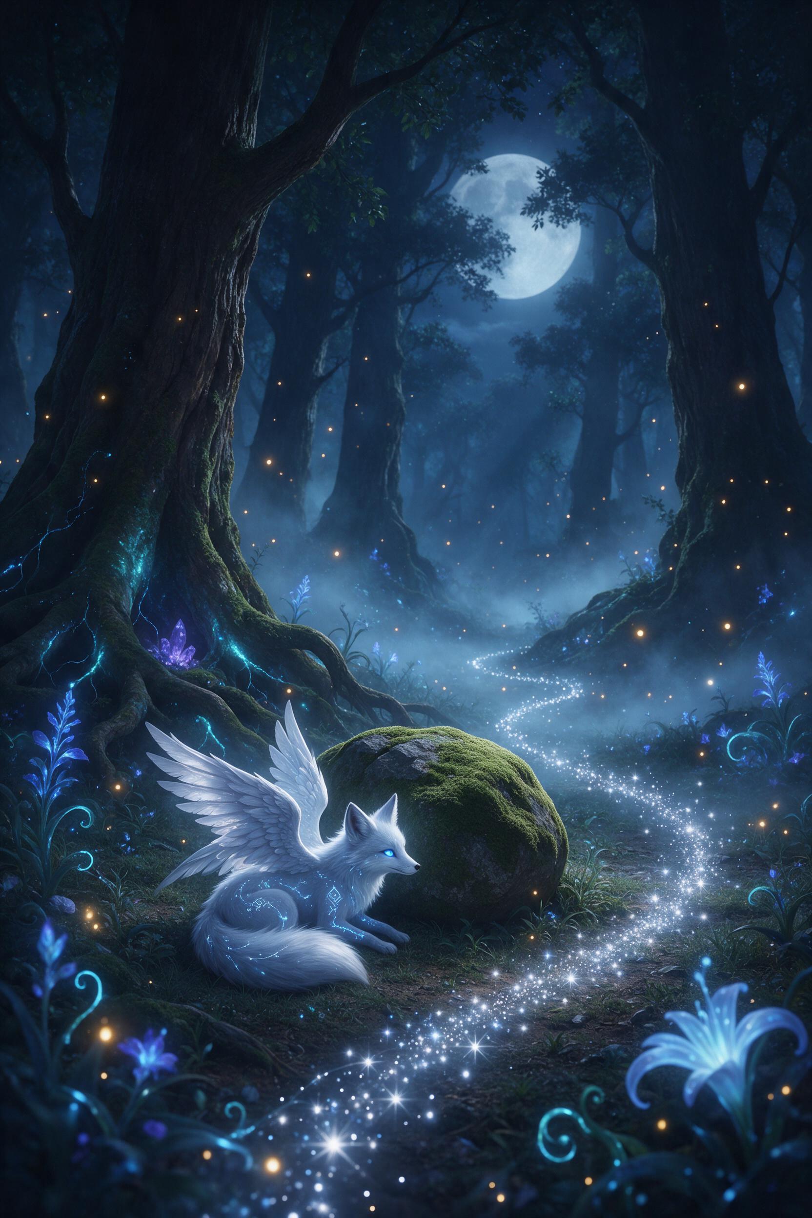 A moonlit forest clearing where bioluminescent flowers bloom beneath towering ancient trees, their roots glowing faint blue. Soft mist drifts between shifting shadows. A small, ethereal fox with feathered wings curls by a mossy stone, eyeing a trail of silver light. Warm golden fireflies scatter, pa