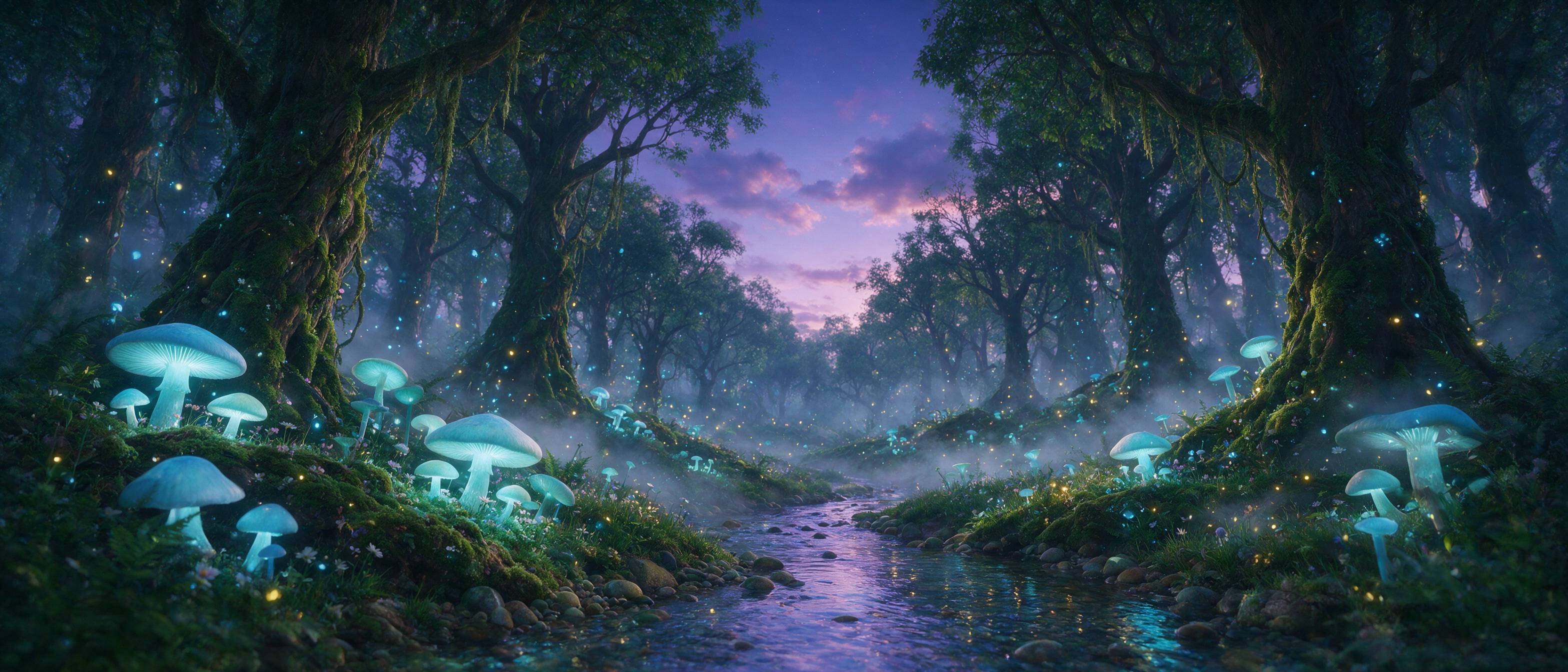 A luminous forest at twilight, giant glowing mushrooms with bioluminescent spores floating in the air, ancient twisted trees draped in moss, a small crystal-clear stream reflecting the purple and blue sky, soft mist hugging the ground, fireflies scattered like stars, shot with a wide-angle lens, dre