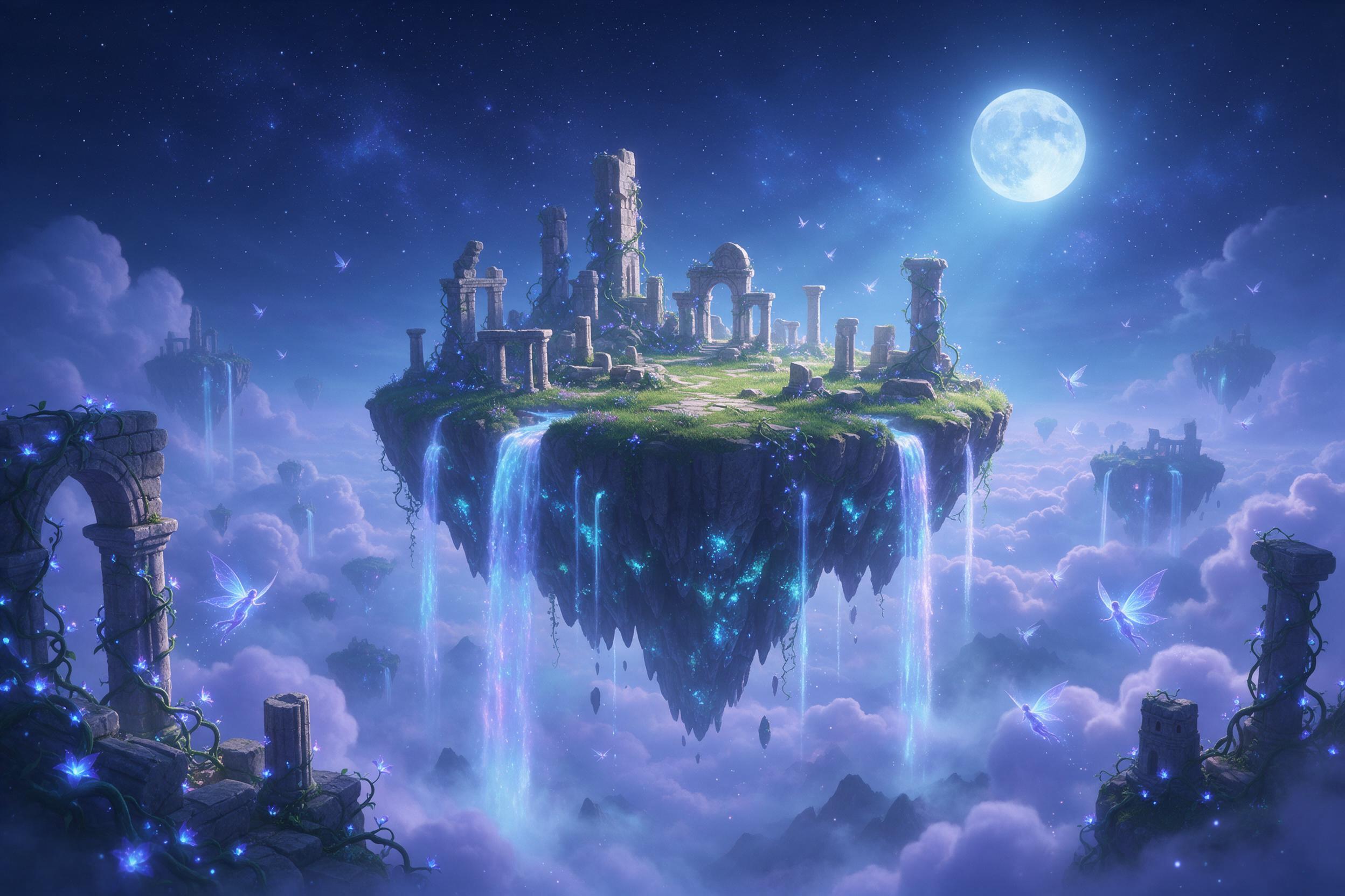 A moonlit floating island with glowing waterfalls cascading into clouds, ancient stone ruins wrapped in luminescent vines, tiny winged spirits flitting between, soft blue and violet palette, ethereal mist, wide-angle composition with island centered and starry sky above, subtle light rays breaking t