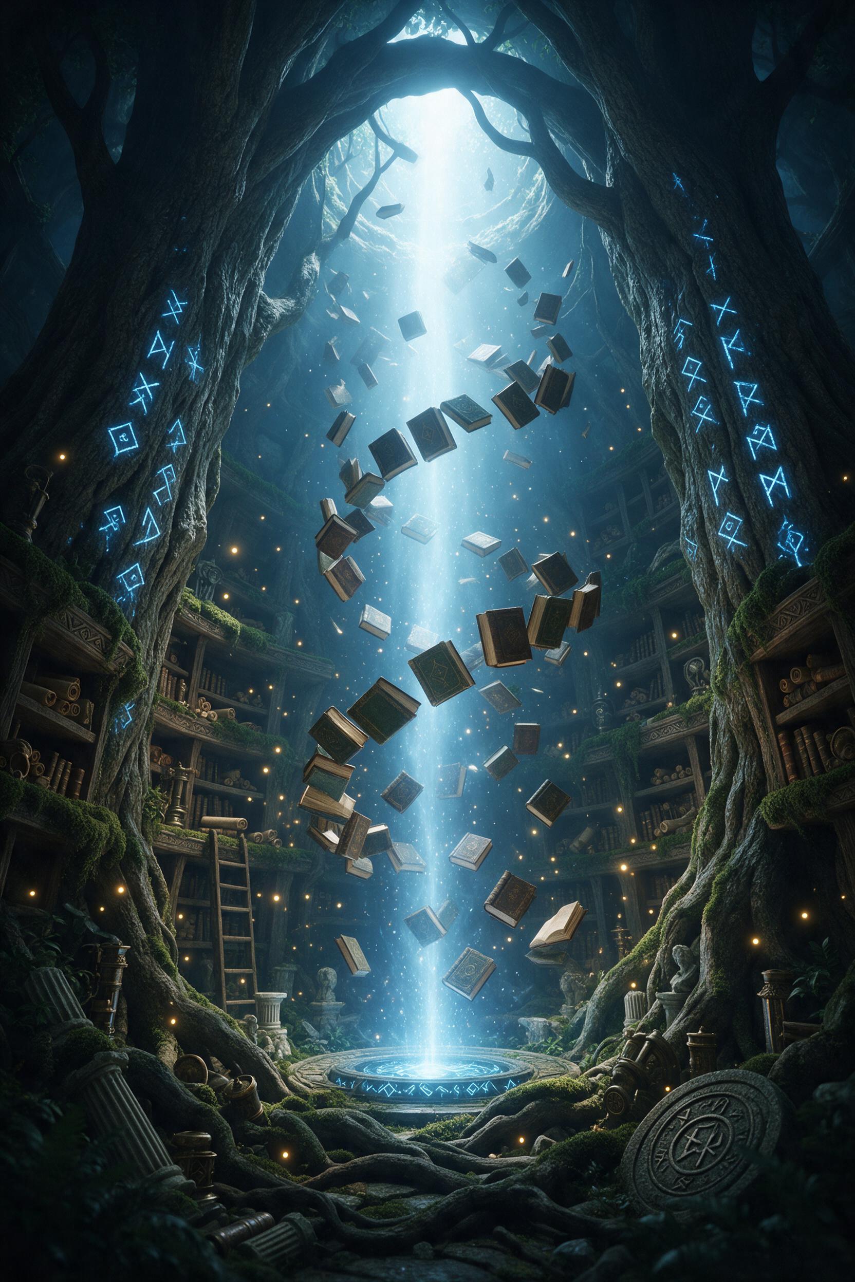 An ancient library hidden inside a colossal tree trunk, glowing blue runes carved on the bark, floating books spiral upward around a central pillar of moonlight, fireflies drift between moss-covered shelves, deep green and gold palette, soft volumetric light and dust particles, cinematic composition