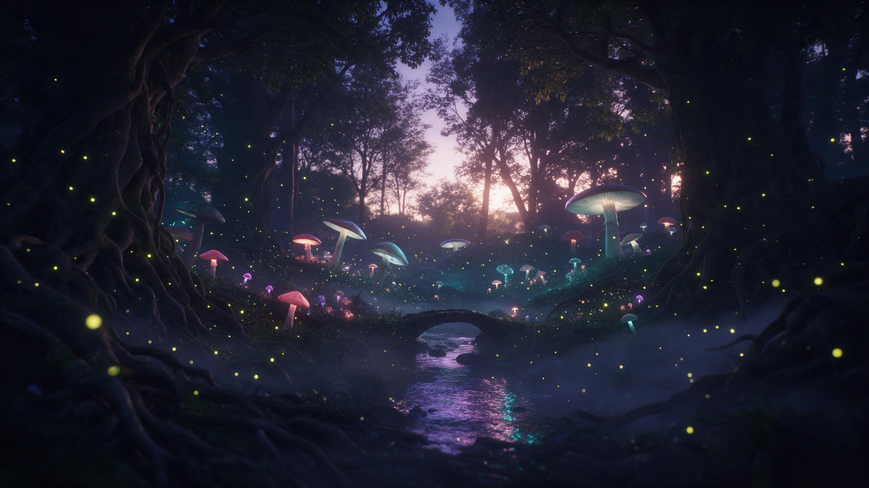 A hidden forest glade at twilight, giant glowing mushrooms and fireflies, a tiny stone bridge across a stream reflecting violet and teal light, low mist, ancient trees with twisted roots, evocative atmosphere, cinematic backlighting