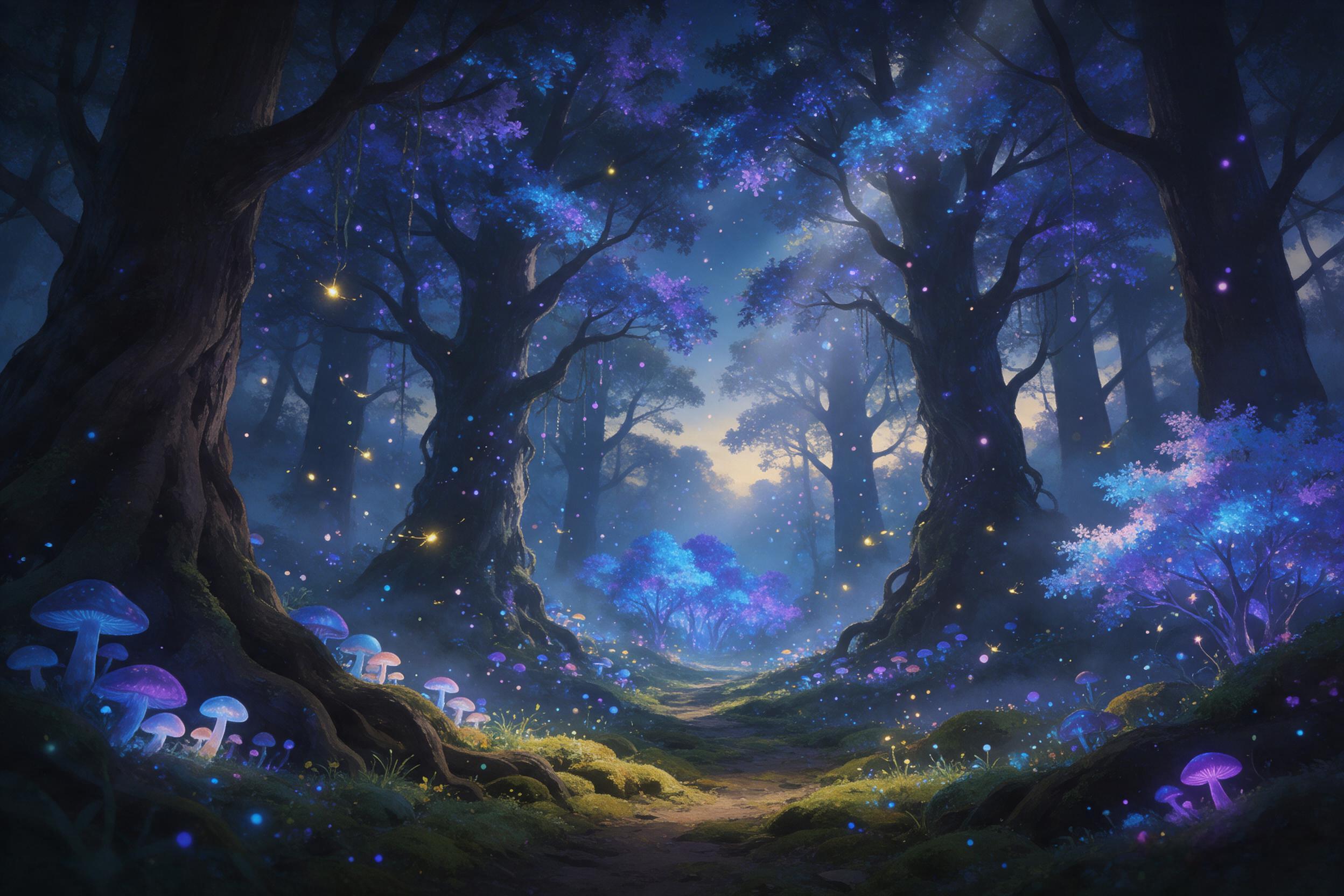 A glowing bioluminescent forest at twilight, massive ancient trees with luminous blue and purple leaves, floating spores like stars, a winding path covered in soft moss, fireflies circling, misty air, ethereal light rays, surreal, painterly style, rich detail