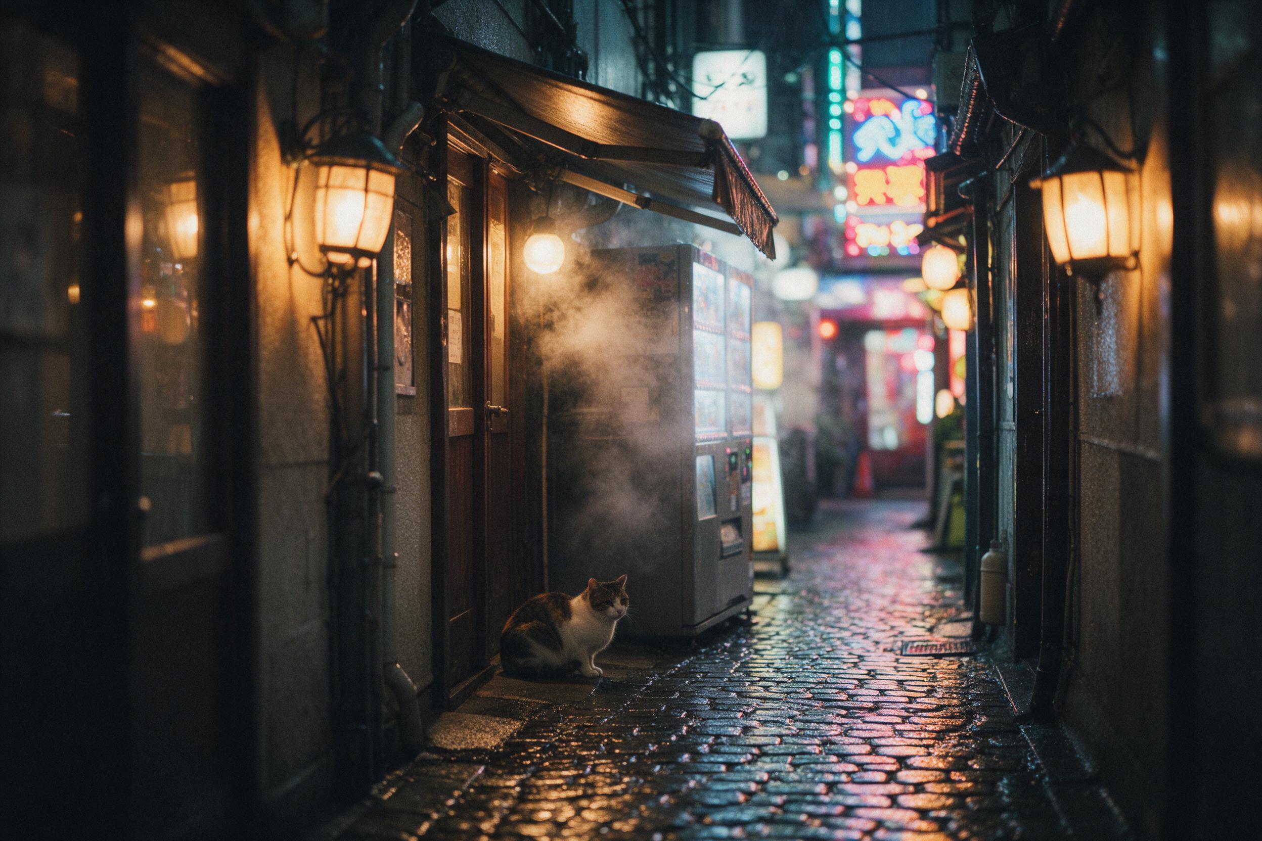 Cozy rainy evening in a narrow Tokyo alley, warm lantern light reflecting on wet cobblestones, a cat crouched under an awning, steam rising from a vending machine, soft bokeh from neon signs in background, shallow depth of field, subtle film grain, natural muted tones with vibrant highlights