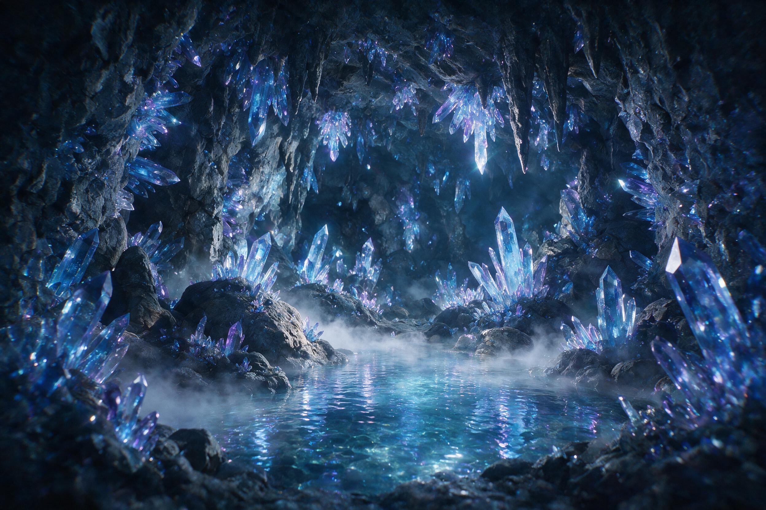 A luminous crystal cave deep underground, glowing blue and purple crystals jutting from jagged rock walls, a small pool of shimmering water reflects the light, soft mist rises, ethereal atmosphere, cinematic lighting with subtle lens flare, slight camera shake adds mystery.