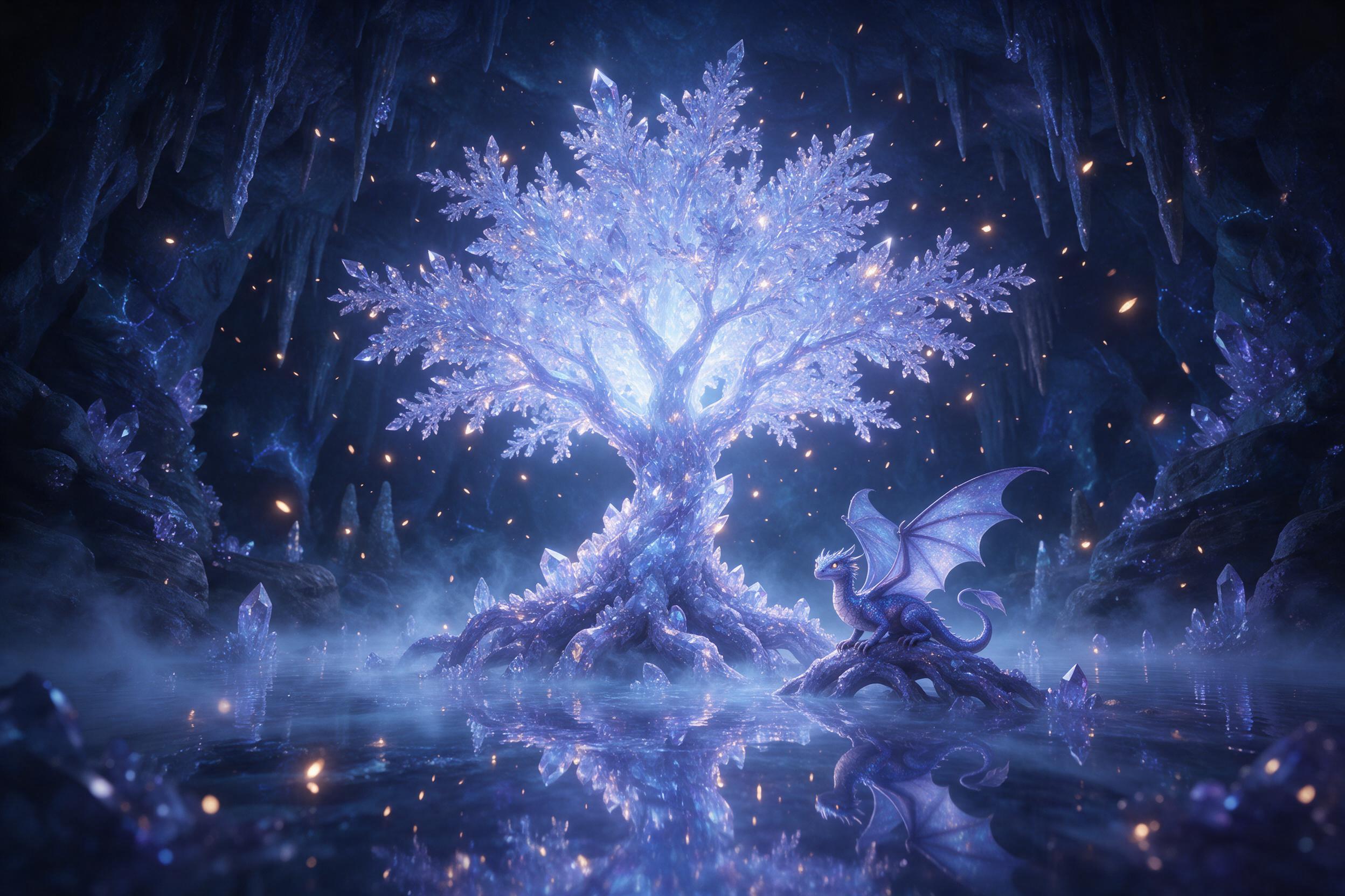 A hidden bioluminescent cavern, where a giant glowing crystal tree stands in a shallow mirror-like pool, casting soft blue and violet light on stalactites. A tiny dragon with translucent wings perches on the root, curling its tail, eyes reflecting the glow. Thin mist swirls from the pool, embers dri