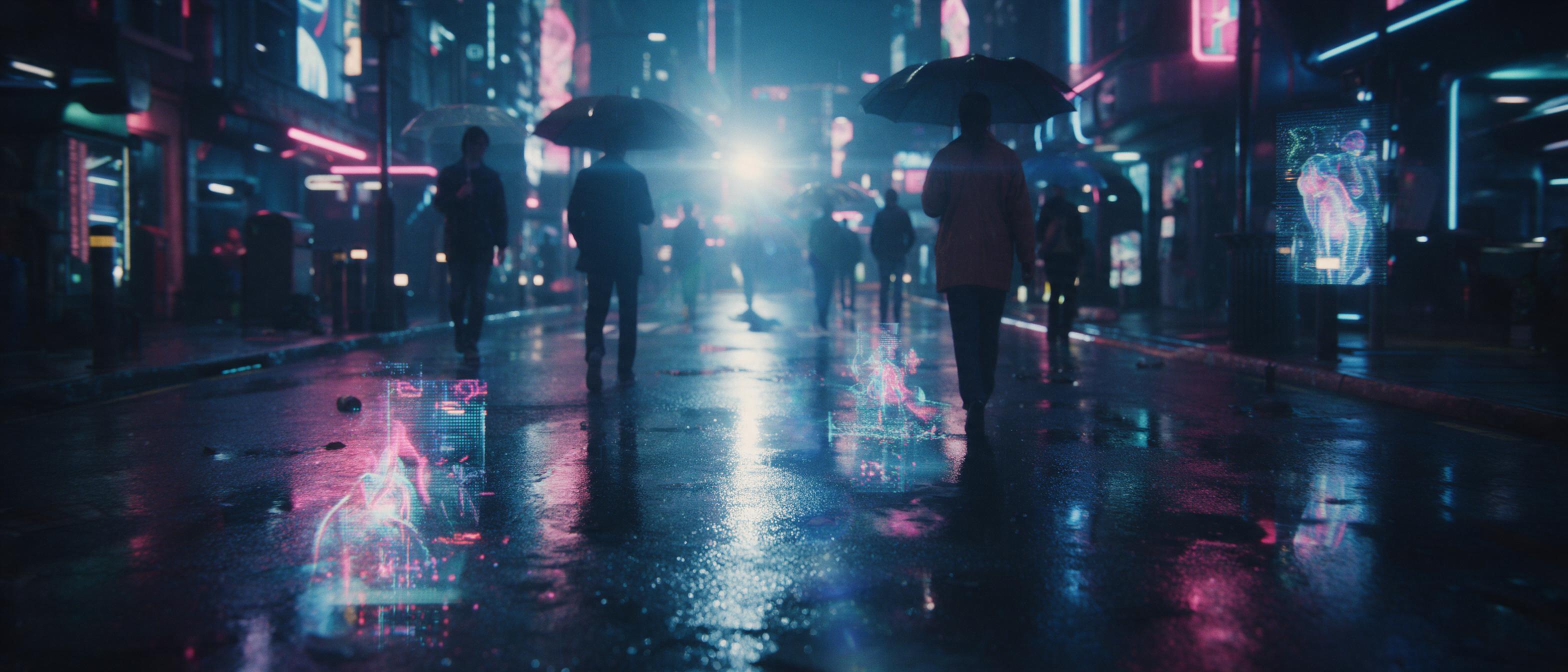 A neon-lit cyberpunk street in rain, reflections on wet asphalt, holographic ads flicker, people with umbrellas, moody blue and pink lighting, slight lens flare, cinematic composition, shallow depth of field.