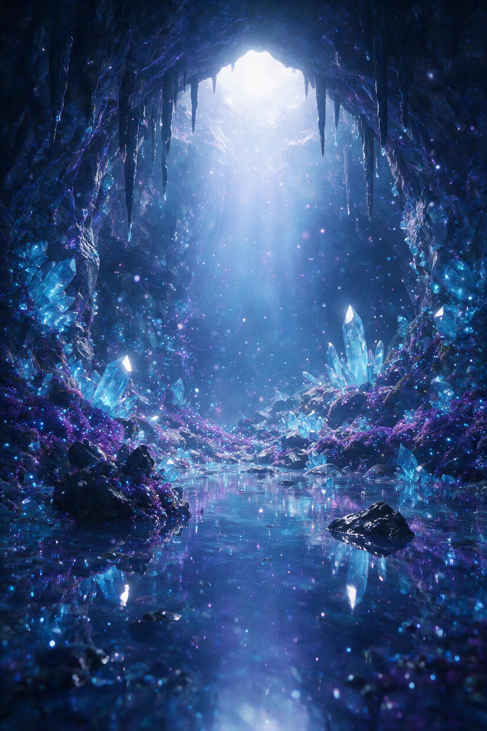 A glowing crystal cave deep underground, bioluminescent moss covering the walls, floating luminescent spores in the air, reflections in a still underground pool, soft light from above, cool blue and purple tones, dreamlike atmosphere