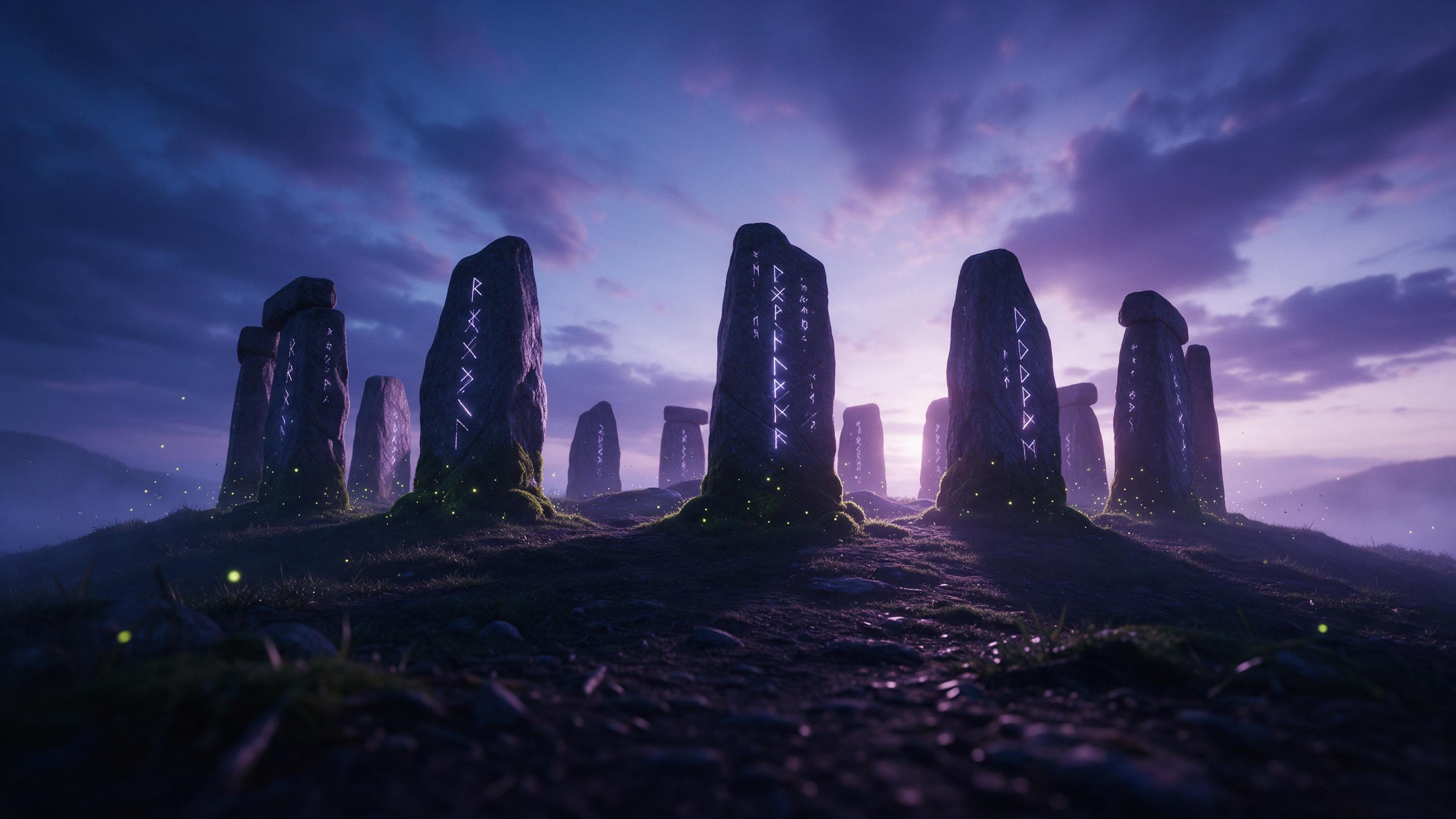 An ancient stone circle stands atop a misty hill at twilight, each monolith carved with glowing runes that pulse softly. Purple and blue ambient light from a low sun casts long shadows, while fireflies drift around mossy bases. Low-angle shot from ground level, centered composition with dramatic sky