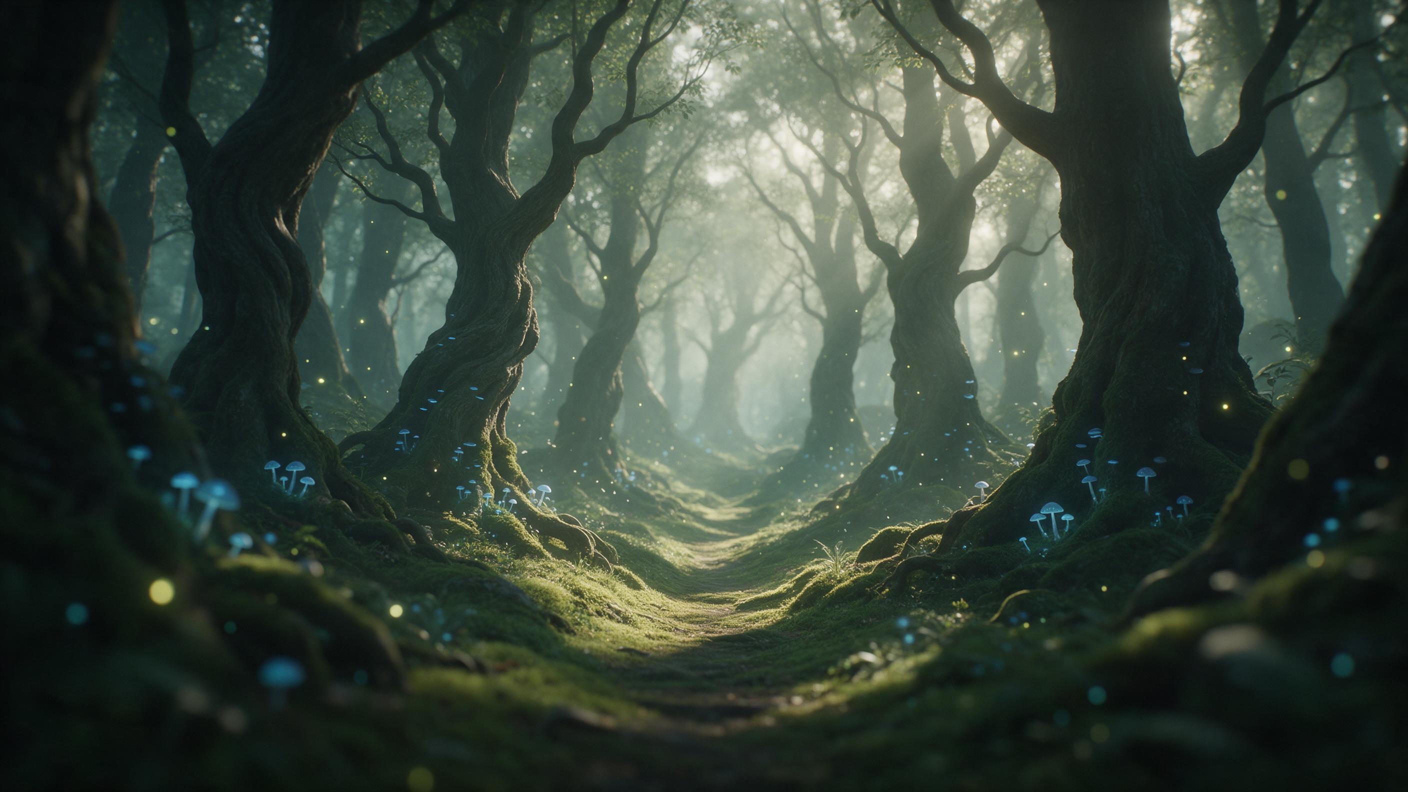 A misty enchanted forest at dawn, ancient twisted trees with glowing blue mushrooms at their roots, a narrow winding path covered in soft moss, ethereal light rays piercing through the canopy, tiny floating fireflies, dreamlike atmosphere, soft focus, muted greens and teals, cinematic composition