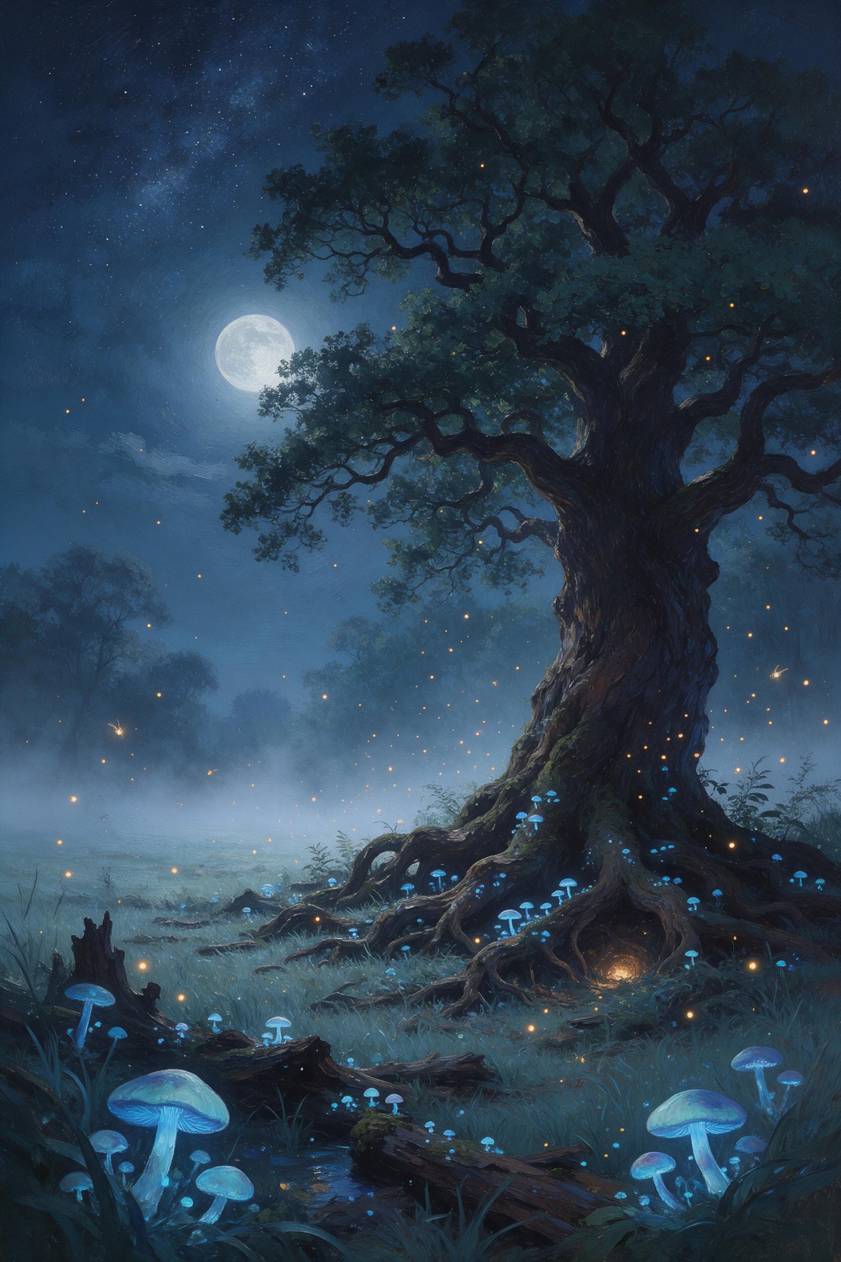 Moonlit forest clearing with bioluminescent mushrooms casting soft blue glow, ancient oak with twisted roots, fireflies swirling, mist low, painterly brushstrokes, ethereal atmosphere, warm amber tones contrasting cool night, serene and magical