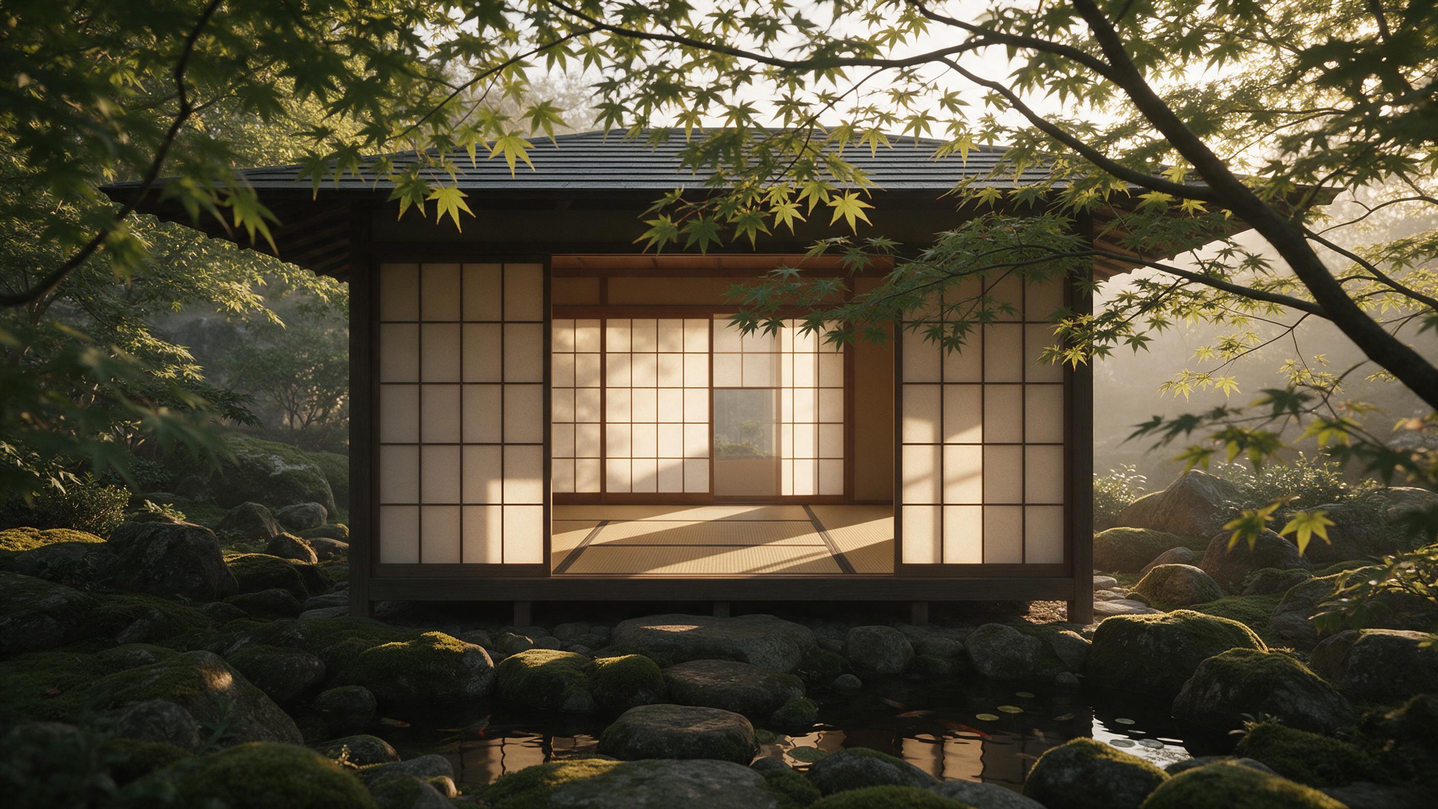 A serene, minimalist Japanese tea house nestled among moss-covered stones and a small koi pond. Late afternoon sunlight filters through sliding shoji screens, casting warm geometric shadows on the tatami mat interior. Frame with a foreground branch of maple leaves, subtle haze in the background, nat