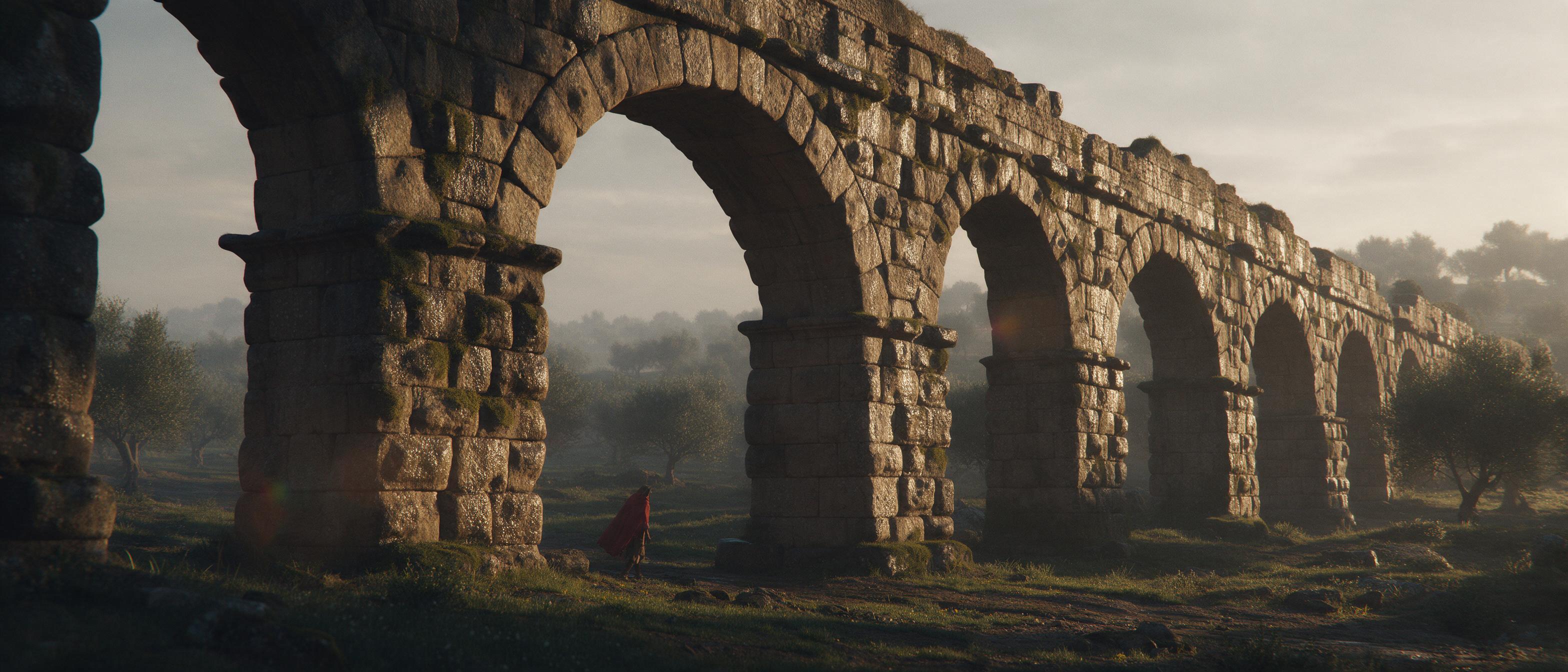 An ancient Roman aqueduct ruins at golden hour, arches stretching into misty olive groves, moss-covered stones glistening with dew, warm side light casting long shadows, a lone traveler in a red cloak walking beneath the largest arch, subtle lens flare, muted earthy tones, slight film grain, wide-an