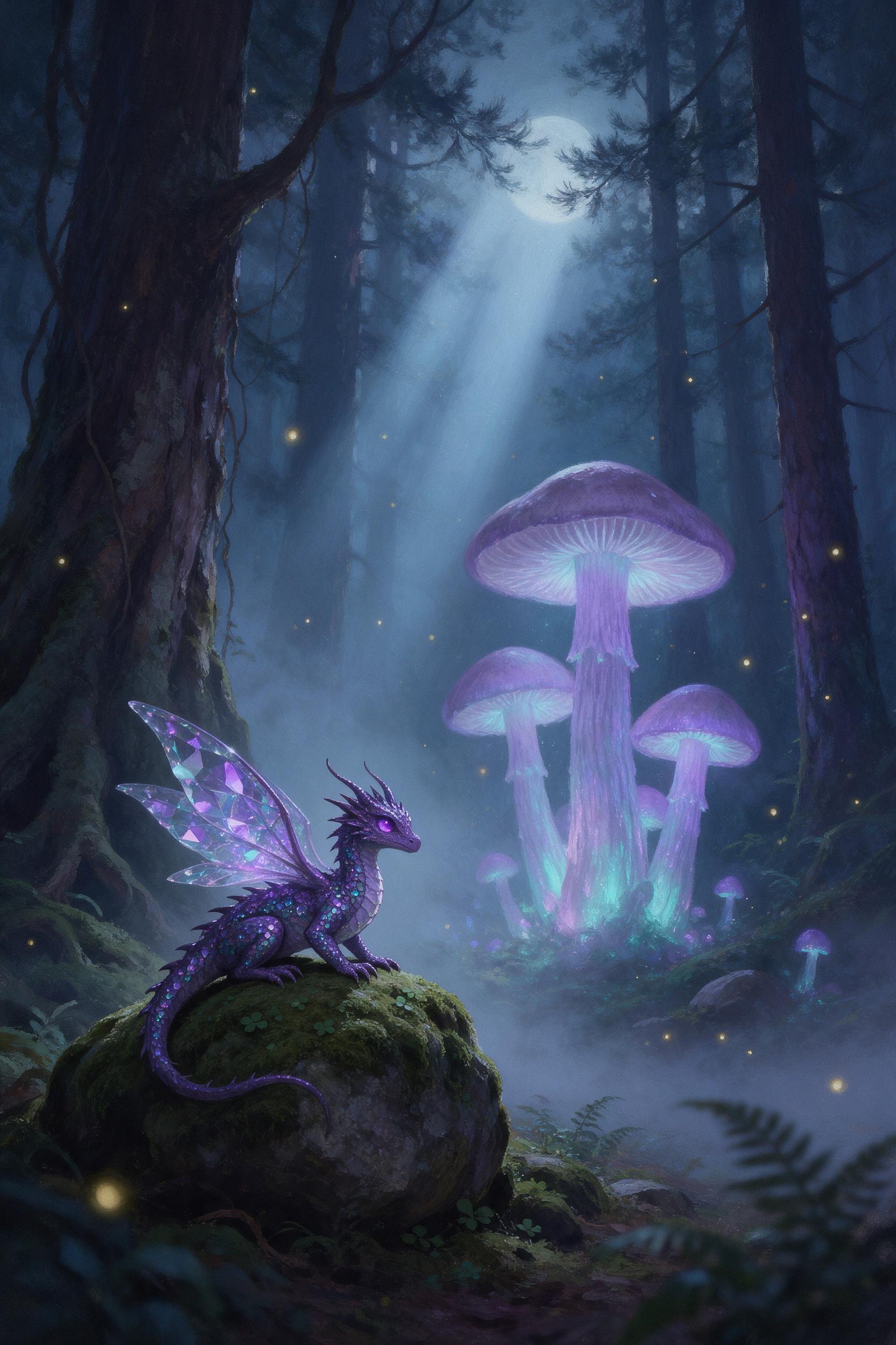 A misty ancient forest where giant bioluminescent mushrooms glow softly in violet and teal, a small dragon with crystalline wings perched on a mossy stone, beams of moonlight filtering through towering pines, fireflies dancing in the air, ethereal atmosphere, shallow depth of field, painterly style 
