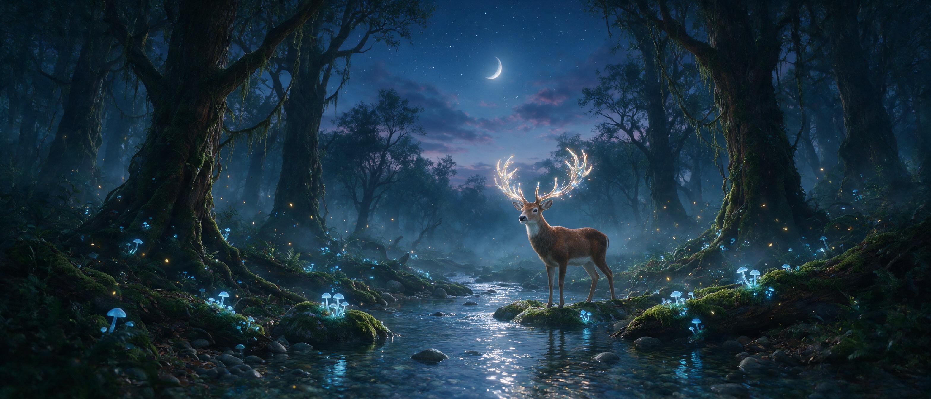 A misty moonlit forest at twilight, ancient trees with glowing blue mushrooms, a deer with luminous antlers stands by a crystal-clear stream, fireflies drifting, soft fog, cinematic composition, ethereal mood, natural lighting.