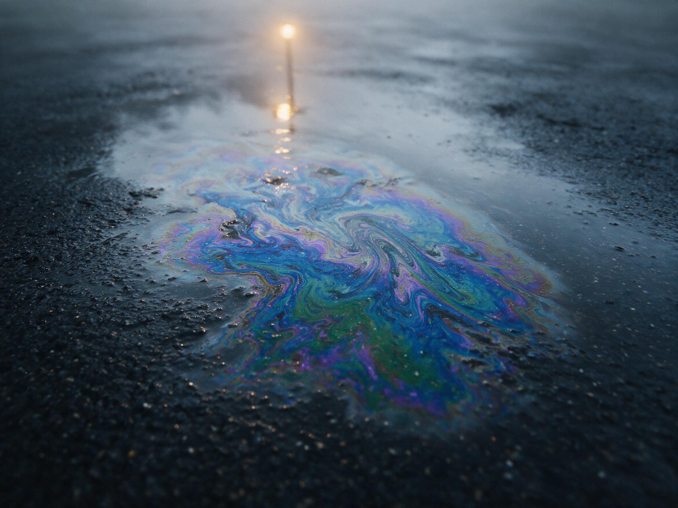 A macro shot of a swirling oil slick on a wet asphalt road, iridescent blues and purples blending into petrol greens, with a soft morning mist and diffused overcast light, reflections of a distant street lamp, minimal composition with negative space, slight grain and subtle motion blur.